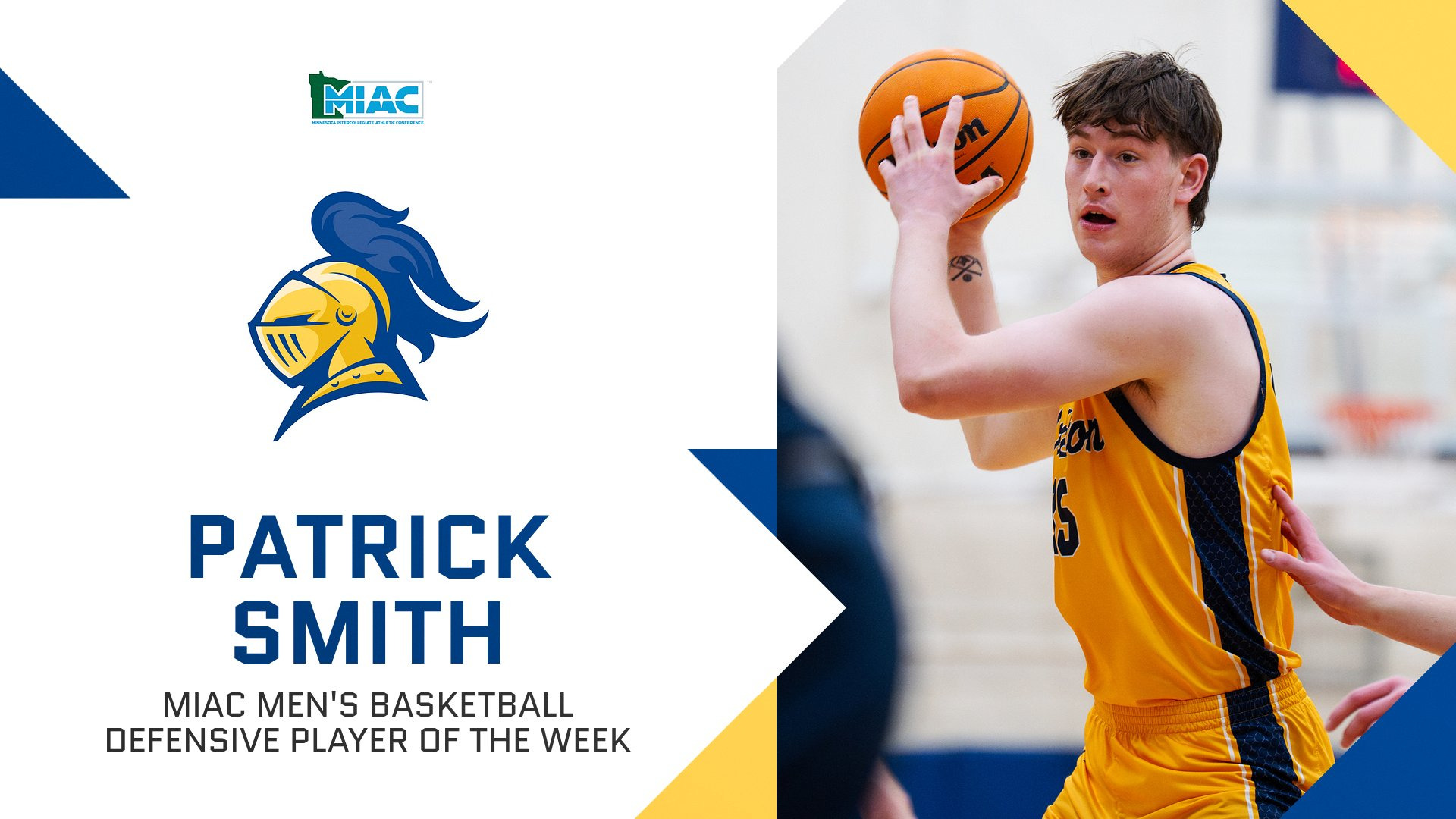 Patrick Smith holding the basketball; text reads 