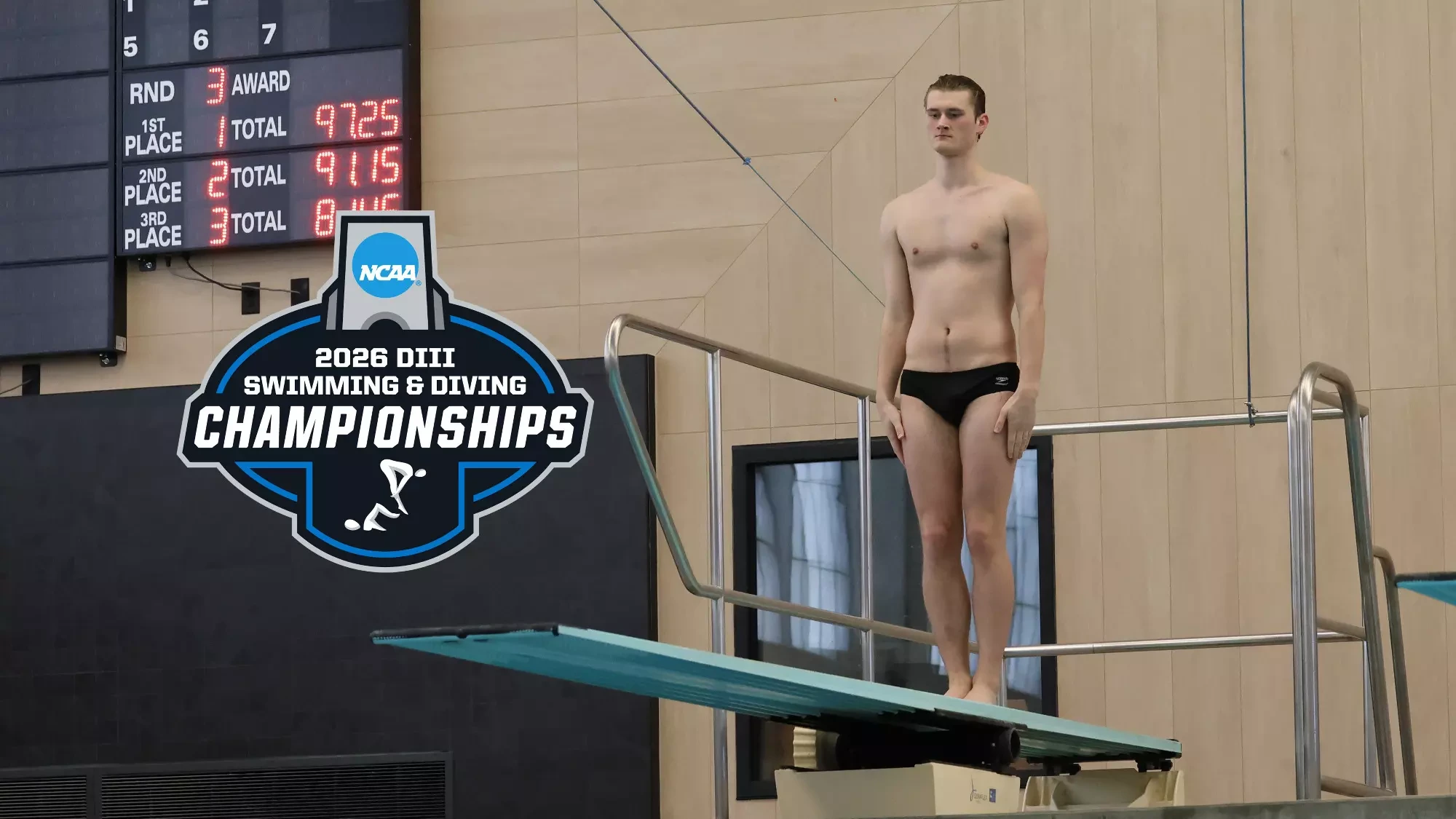 Hans Anderson preparing to dive. Image overlaid with NCAA Championships logo.