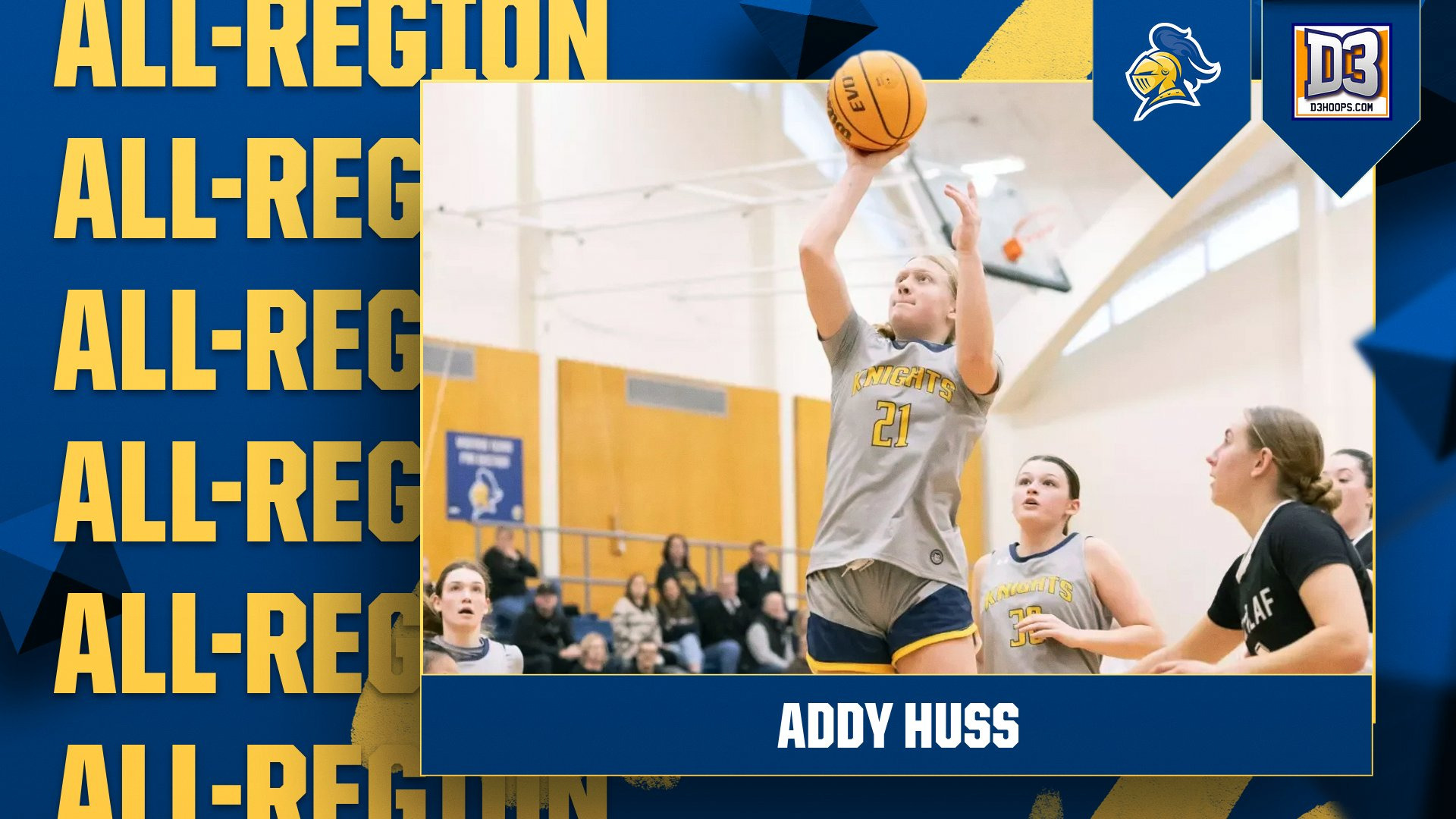 Addy Huss pulls up for a jumpshot; text reads, 