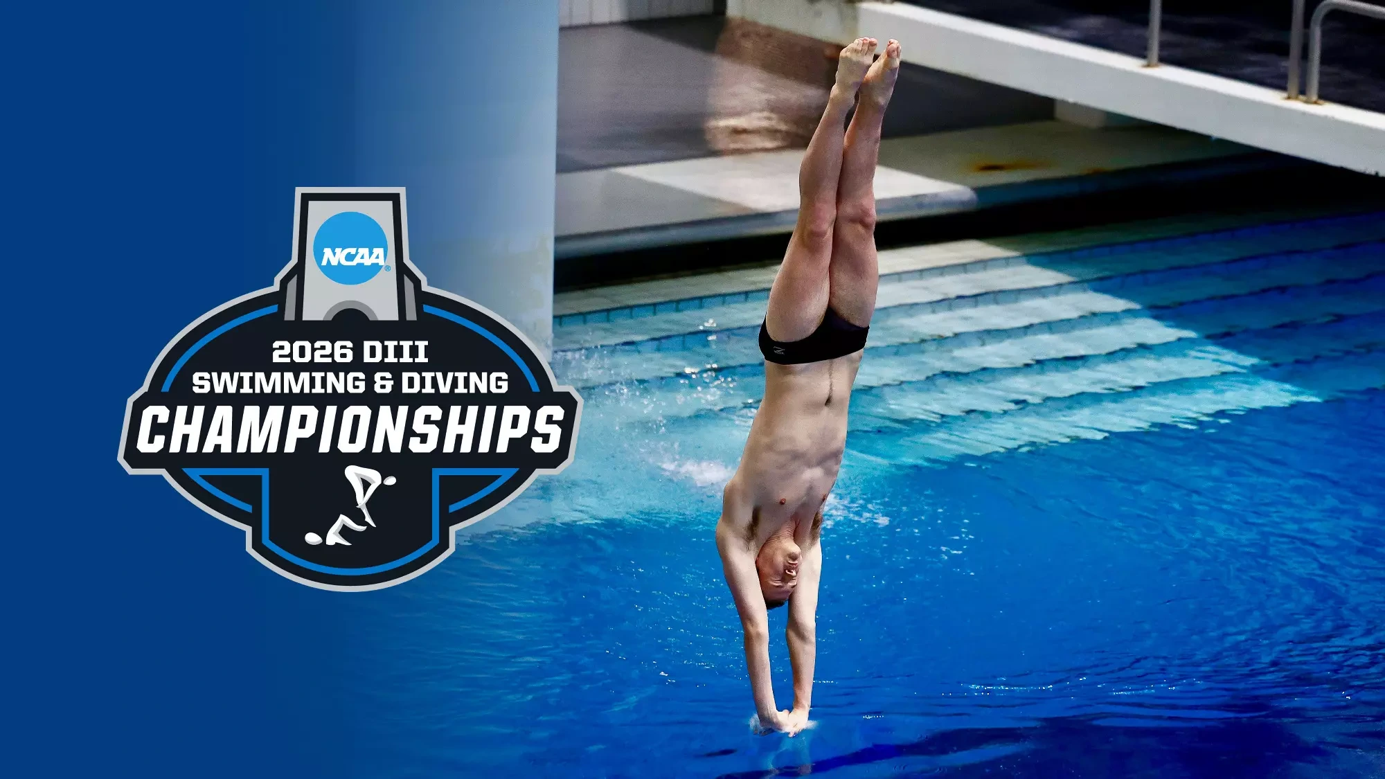 Hans Anderson about to enter the water during a dive; image overlaid with NCAA Championships logo