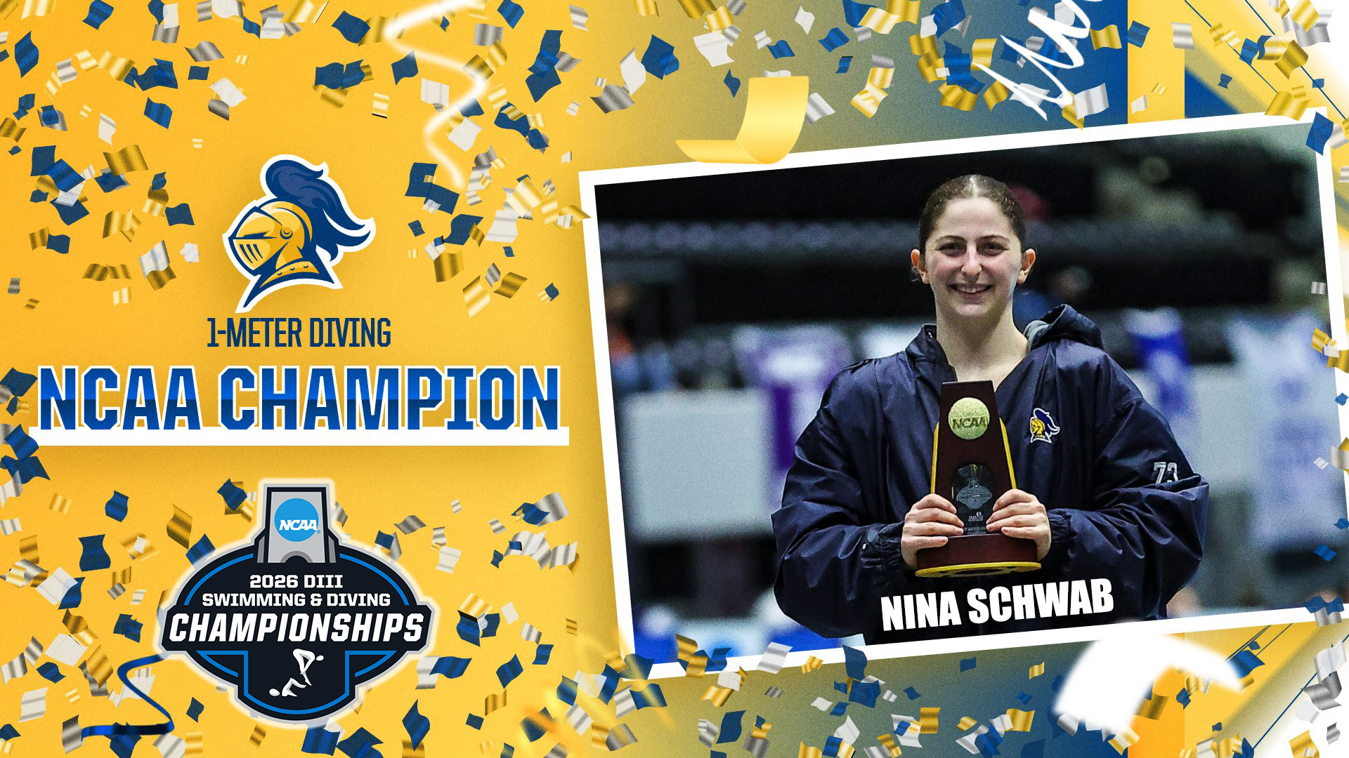 Nina Schwab stands atop the podium at the NCAA Championships; graphic includes confetti and the NCAA Championships logo