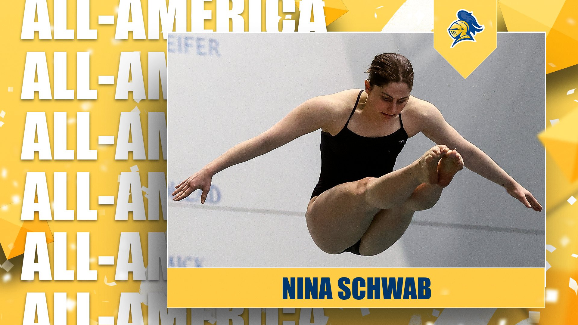 Nina Schwab in the pike position mid dive; text reads, 