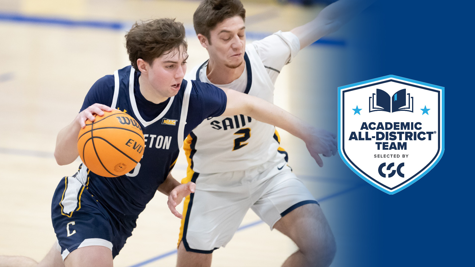 Matt Drake dribbles past a defender; image overlaid with Academic All-District logo