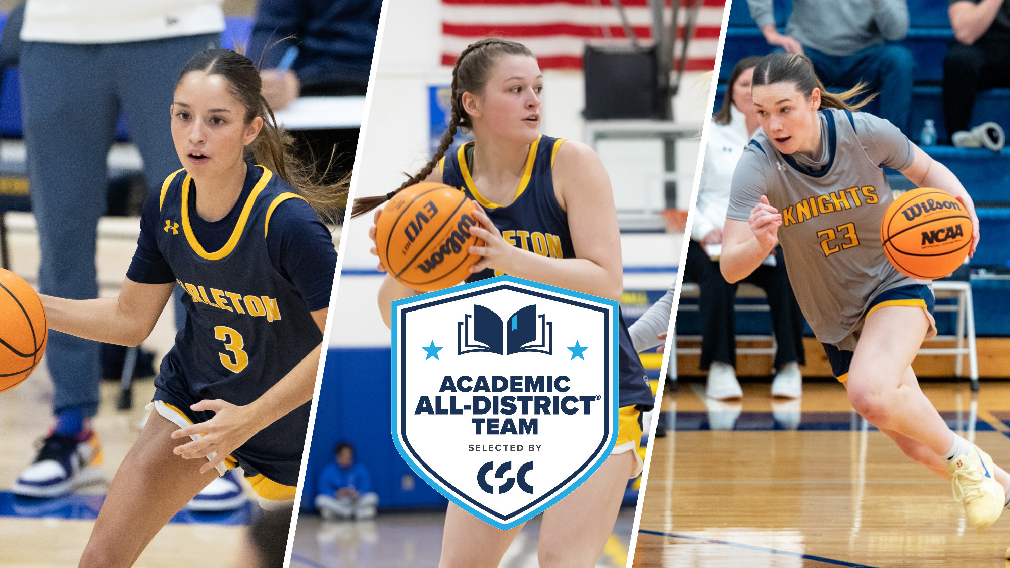 game action photos of Taylor Dente, Liesl McCallum, Audrey Whitney overlaid with Academic All-District logo