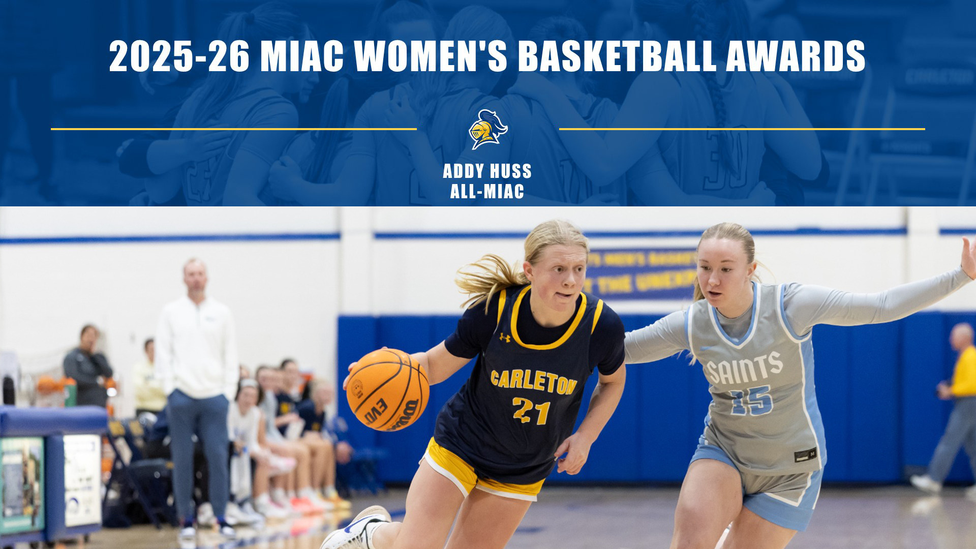 Addy Huss dribbles past a defender; text reads, 