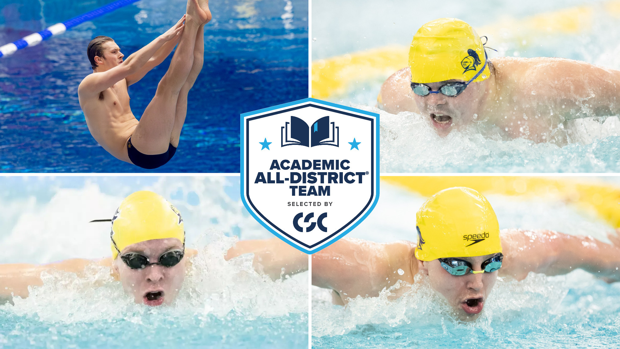 collage of photos showing Hans Anderson diving and Aiden Johnson, Jackson Rankin, and Warren Kozak swimming; image overlaid with Academic All-District logo