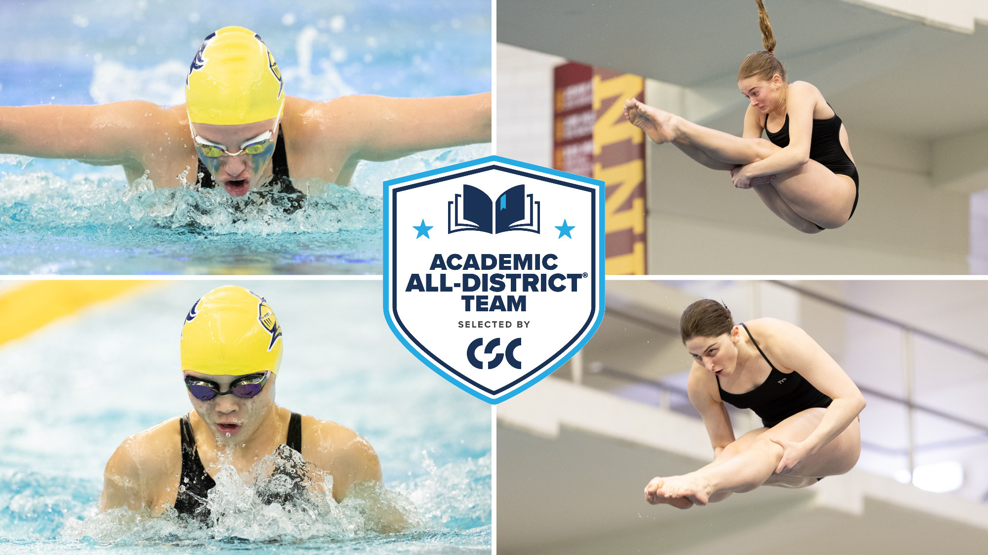 collage of photos showing Stephanie Baranov and Emma Yao swimming and Hailey Westrup and Nina Schwab diving; image overlaid with Academic All-District logo