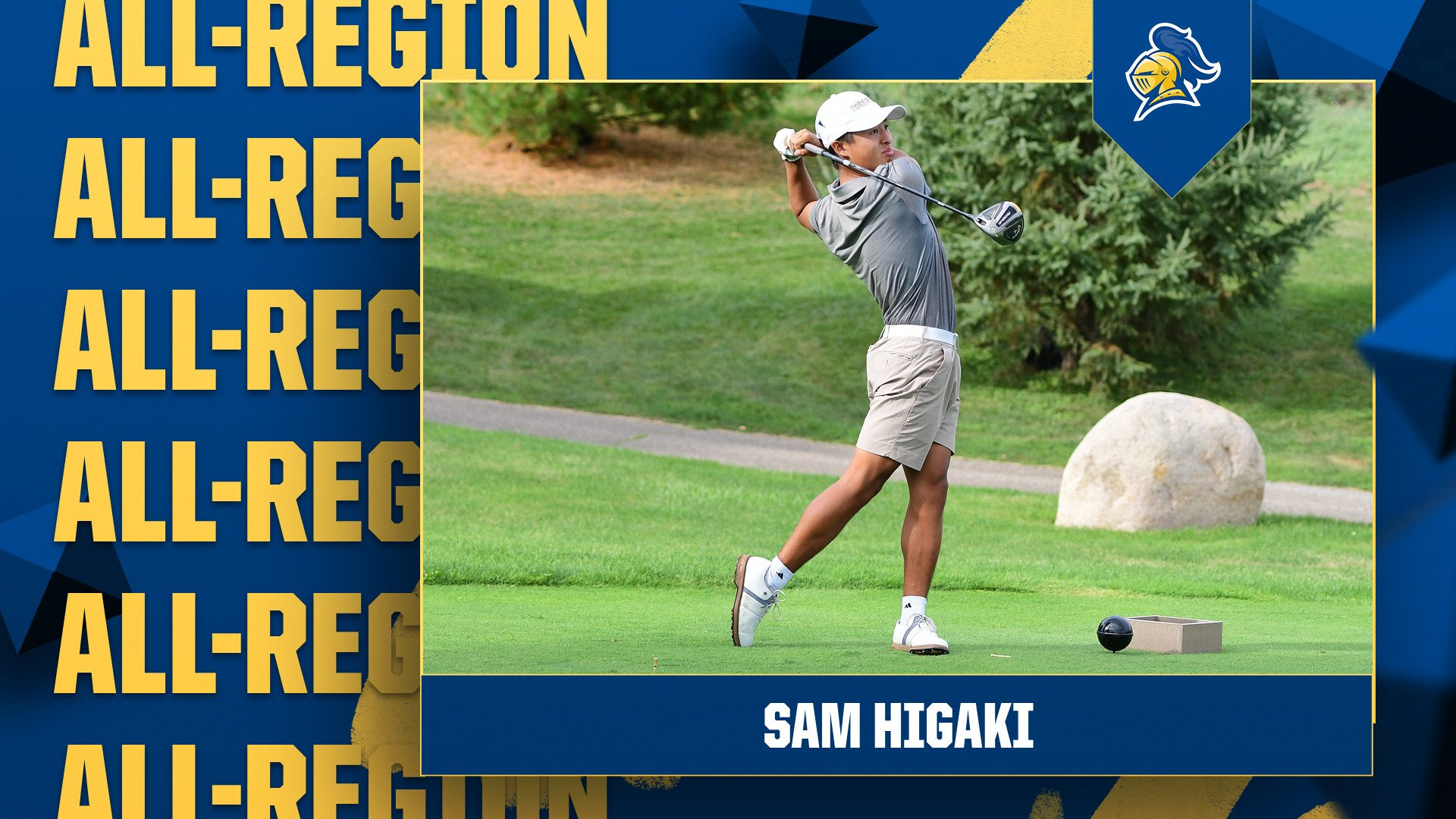 Sam Higaki follows through after hitting a drive; text reads, 