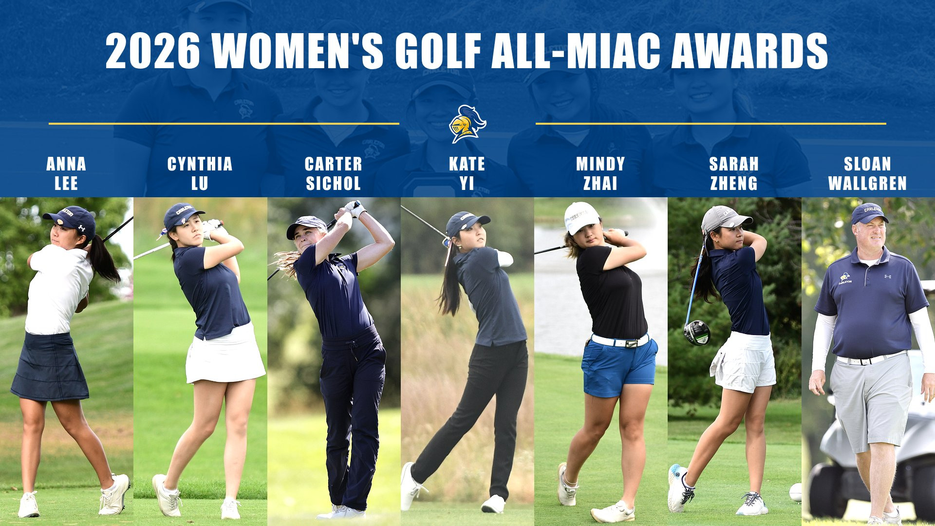 Anna Lee, Cynthia Lu, Carter Sichol, Kate Yi, Mindy Zhai, and Sarah Zheng follow through after hitting shots while Sloan Wallgren walks the course; Text reads, 