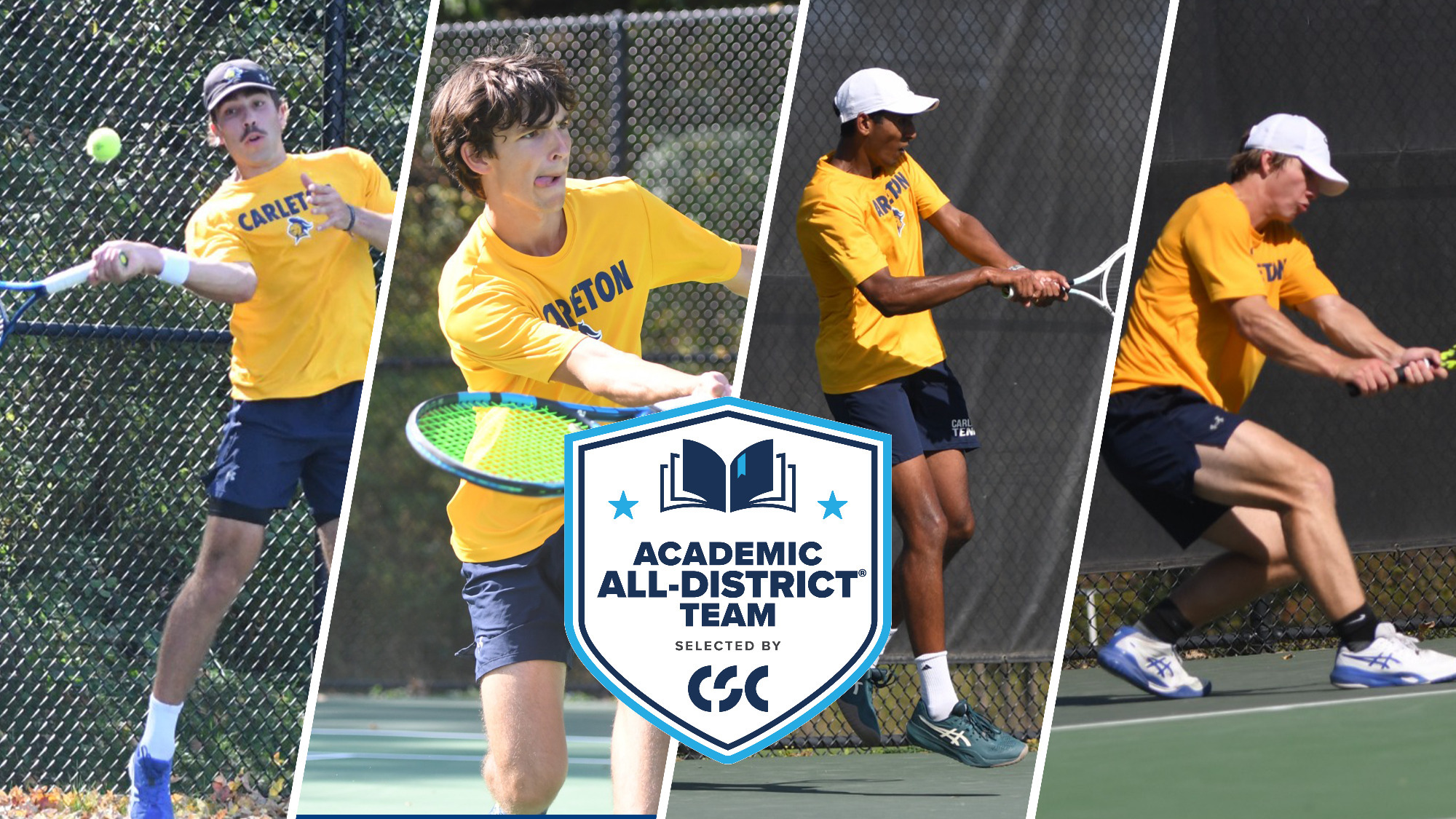 Action photos of Jack Rivkin, Ezra Bernhard, Akshay Garapati, and Owen Heidtke overlaid with CSC Academic All-District logo
