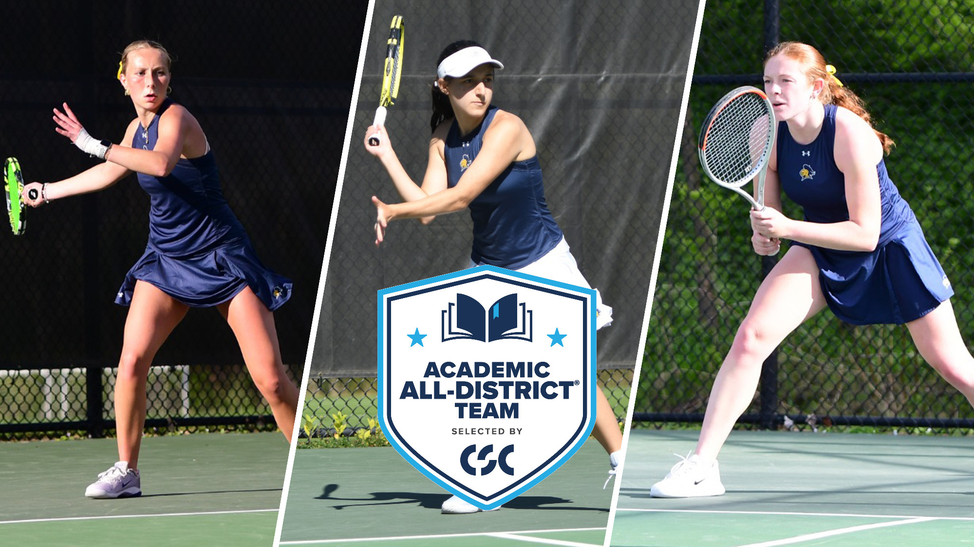 Action photos of Kiley Pickens, Kat Smiricinschi, and Ryann Witter overlaid with CSC Academic All-District logo