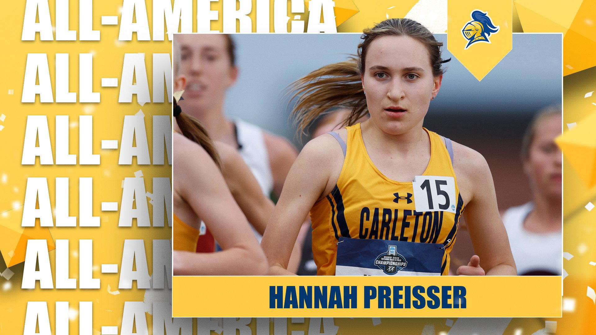 Hannah Preisser running during the NCAA Championships; text reads, 