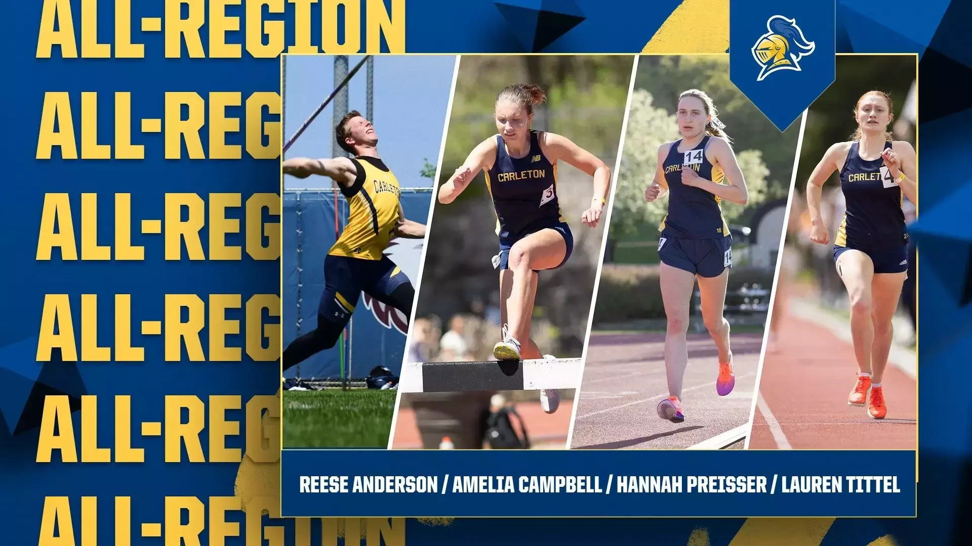 Reese Anderson throwing the javelin while Amelia Campbell, Hannah Preisser, and Lauren Tittel are running on the track; text reads, 
