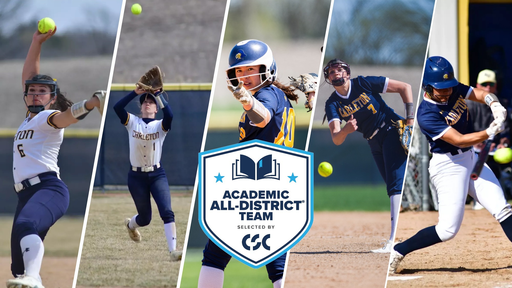 Graphic depicting Rachel Block, Megan Smith, Esme Song, Sydney Trentman, and Adriana Wiggins as CSC Academic All-District
