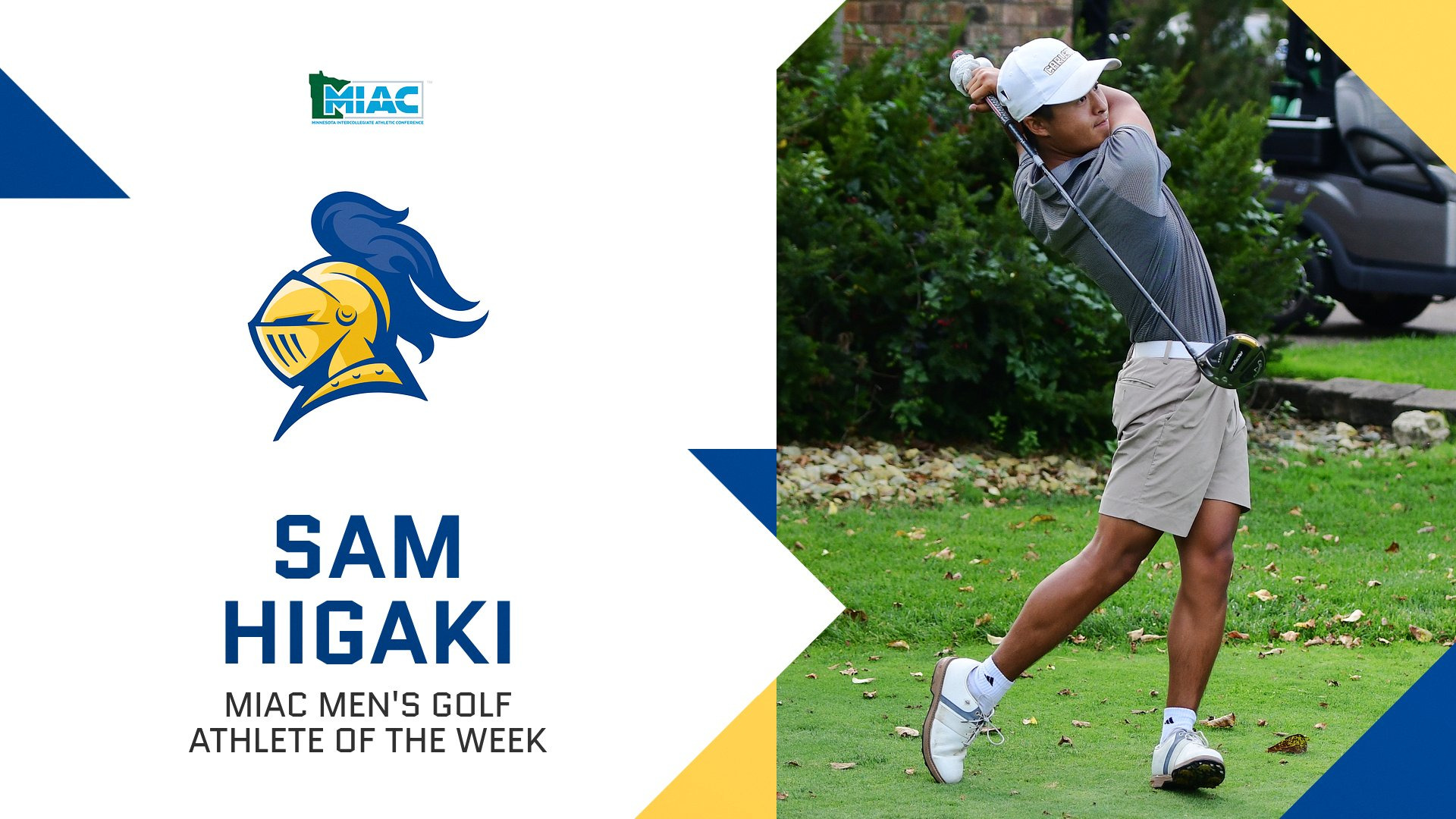 Sam Higaki following through after a tee shot; text reads, 