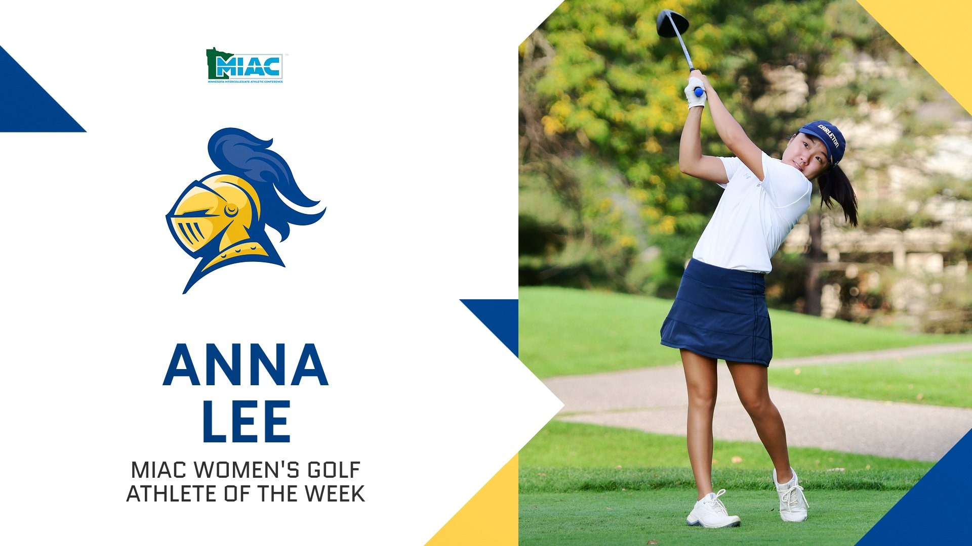 Anna Lee swings a golf club as a part of a MIAC Athlete of the Week graphic