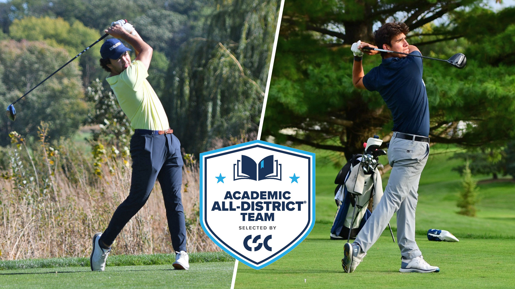 Gordon Walker and Justin Rodriguez follow through after hitting tee shots; image overlaid with CSC Academic All-District logo