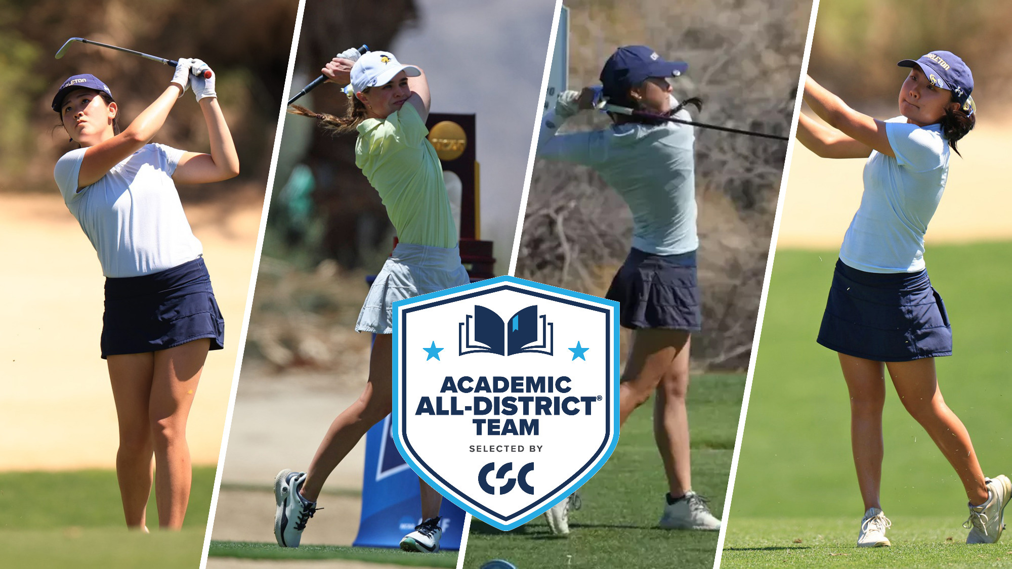 Cynthia Lu, Carter Sichol, Sarah Zheng, and Anna Lee follow through after hitting shots; images overlaid with CSC Academic All-District logo