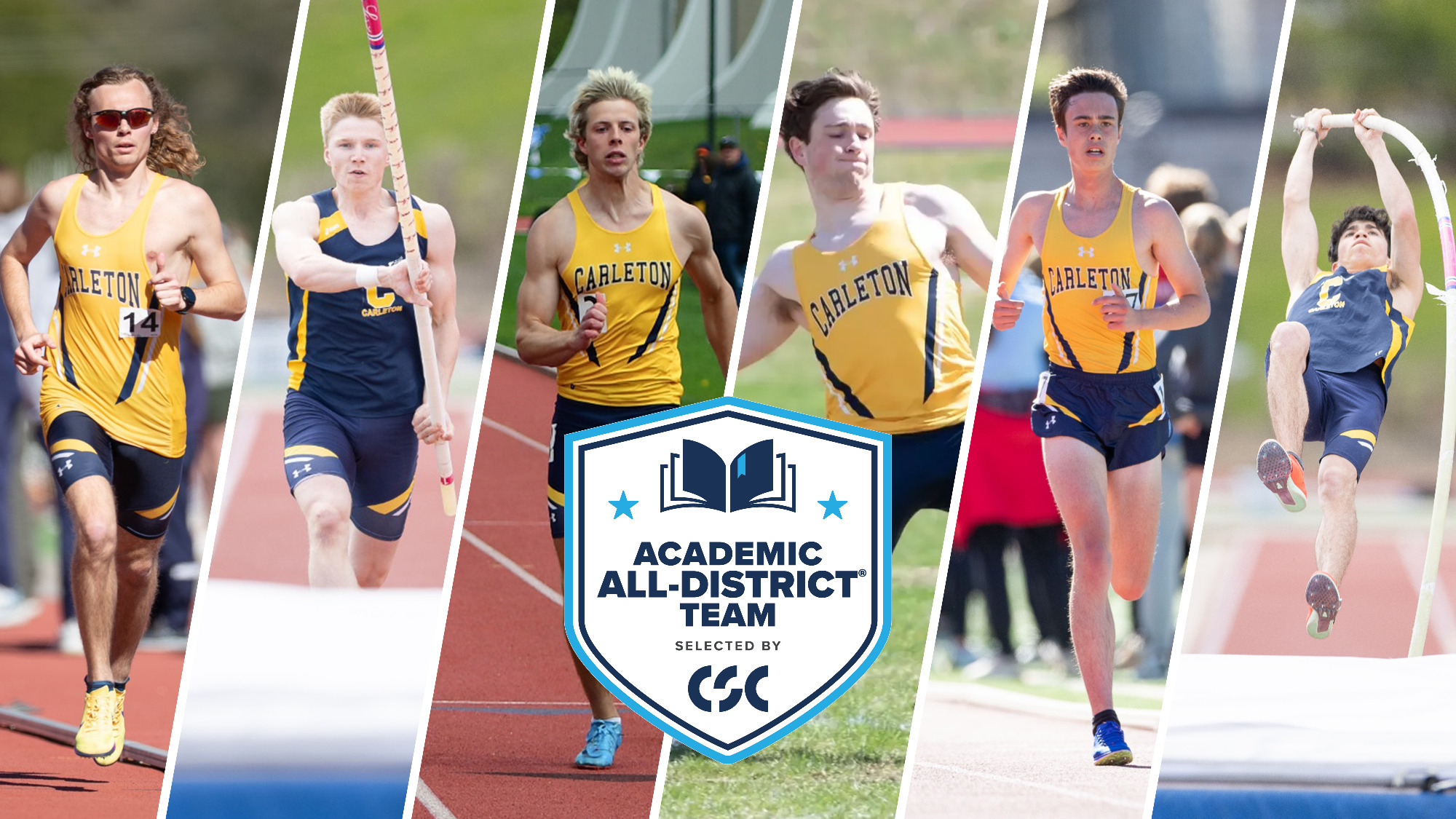 Action photos of Gabe Nichols, Soren Kaster, Reese Anderson, Dash Schwab, Travis Brown, and James Gates; collage overlaid with CSC Academic All-District logo