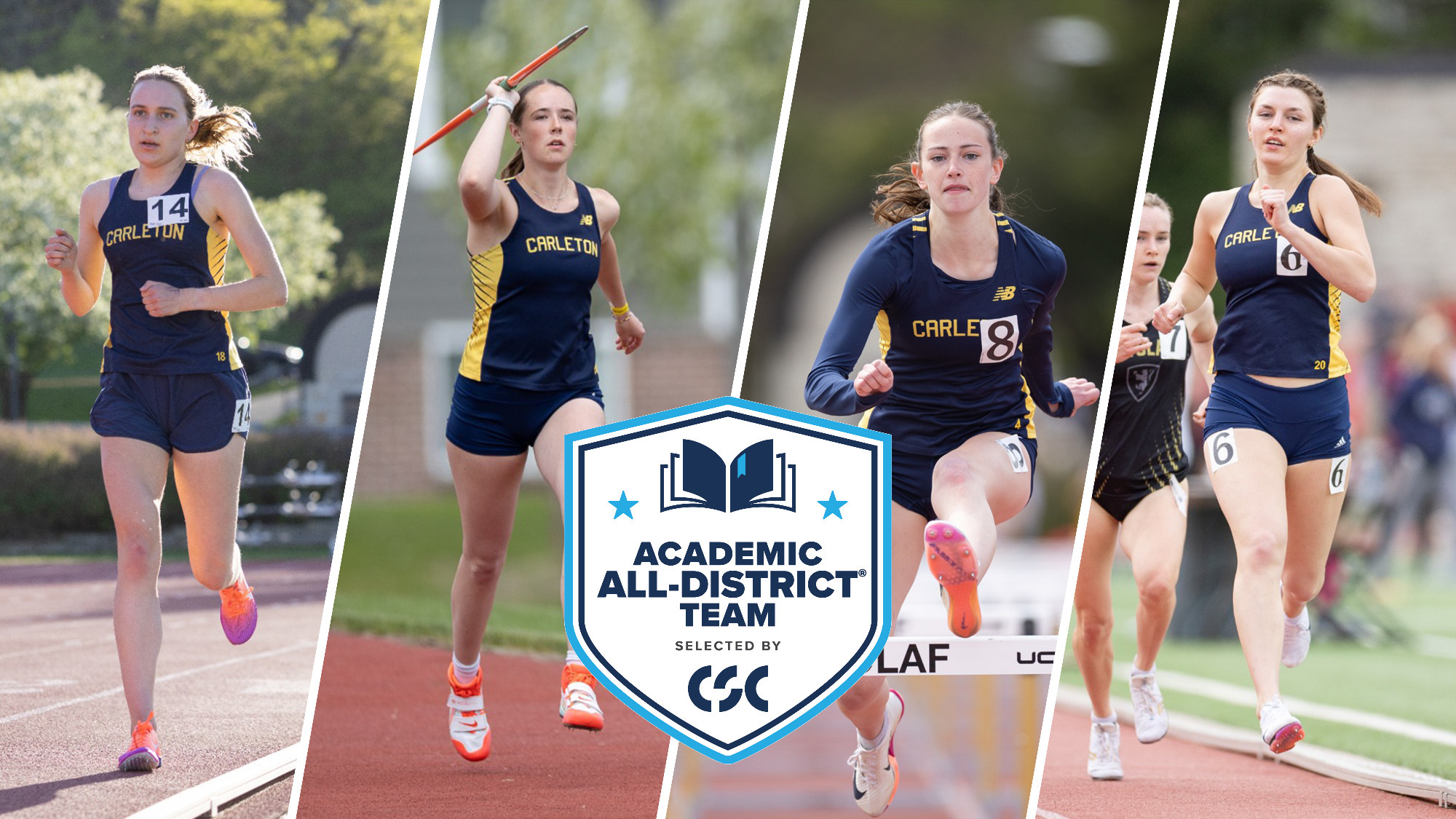Action photos of Hannah Preisser, Willa Bishop, Caroline Kelleher, and Charlotte Kusch competing; Collage overlaid with CSC Academic All-District logo