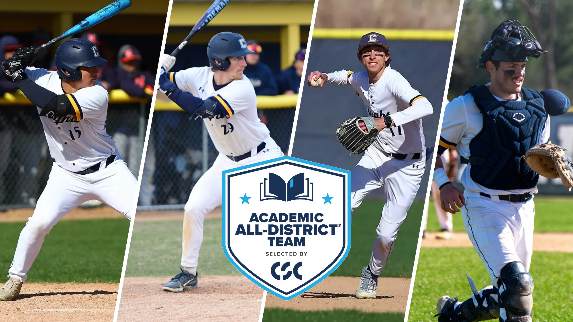 Game action photos of Ryan Chang, Sam Gossard, Andrew Sellers, and Tyler Vandersall overlaid with Academic All-District logo