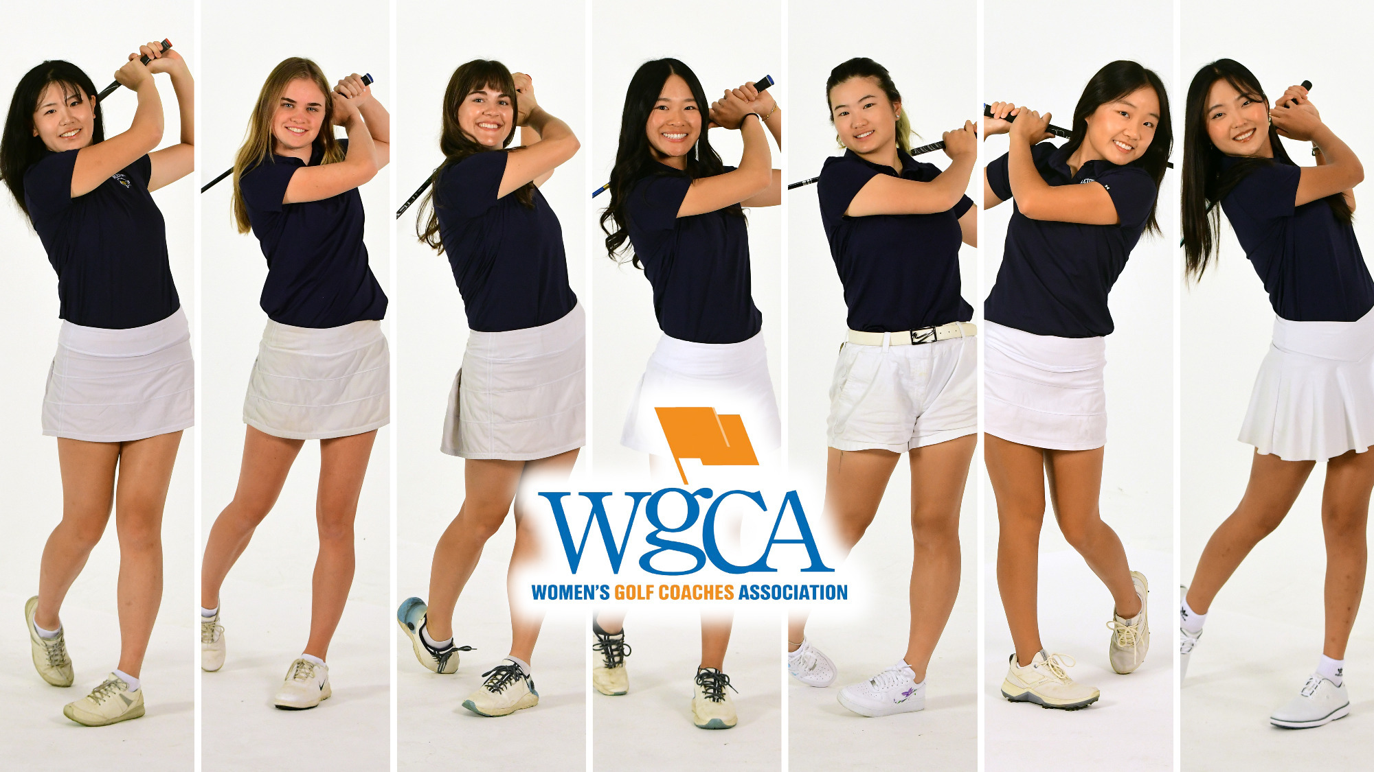 Cynthia Lu, Carter Sichol, Natalie Tatar, Sarah Zheng, Mindy Zhai, Anna Lee, and Kate Yi follow through after swinging their drivers