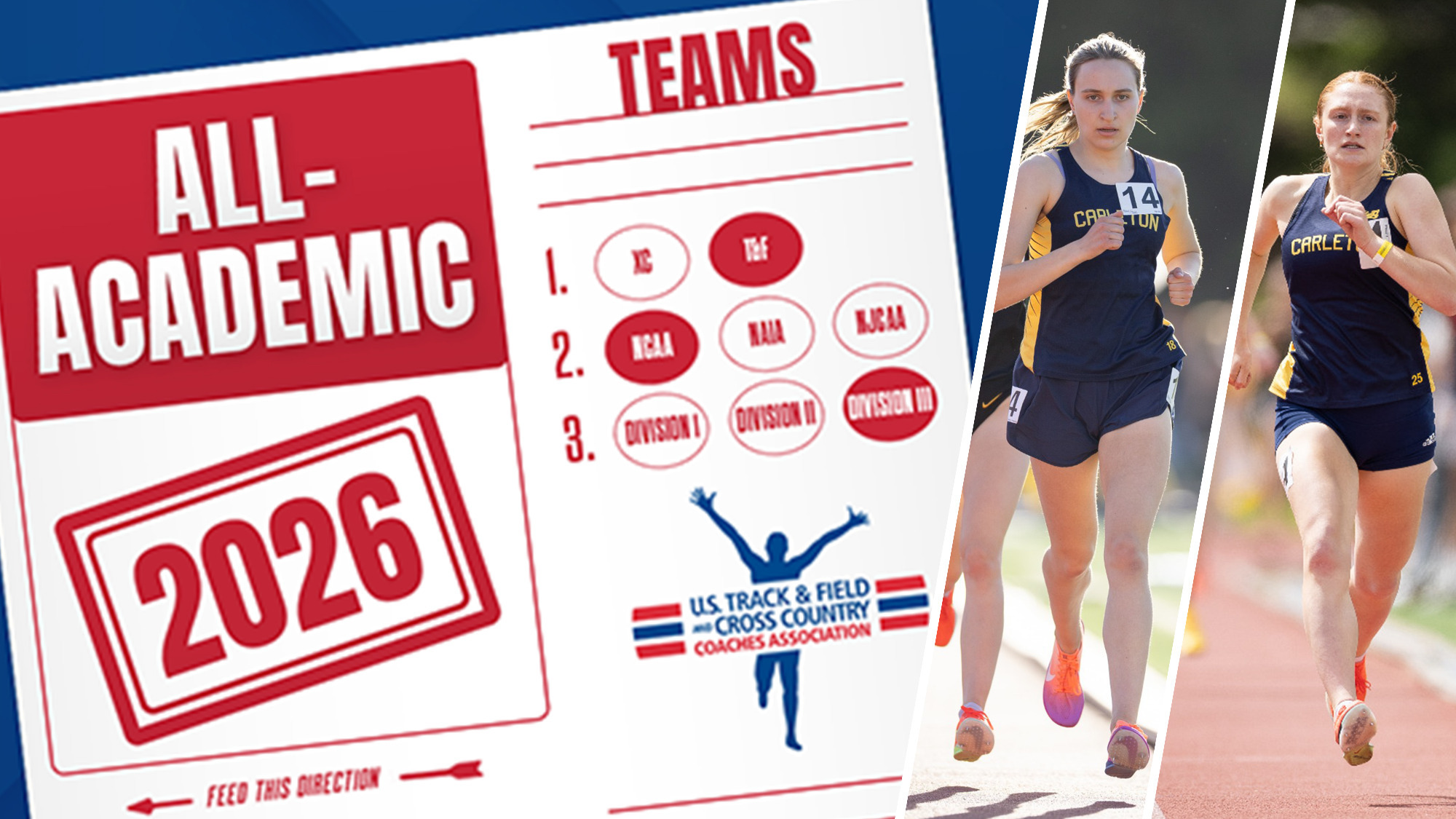 Hannah Preisser and Lauren Tittel running next to graphic that reads, 