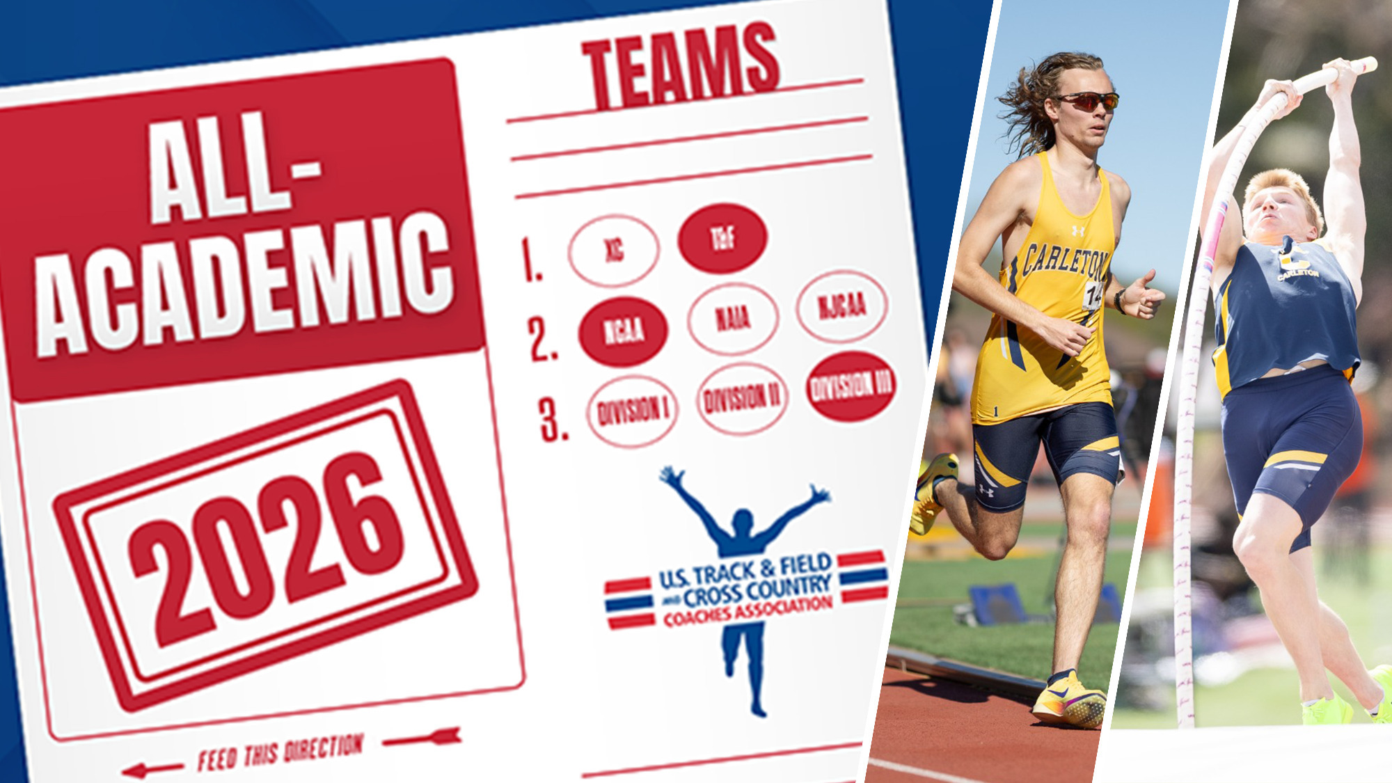 Gabe Nichols running and Soren Kaster in pole vault next to graphic that reads, 