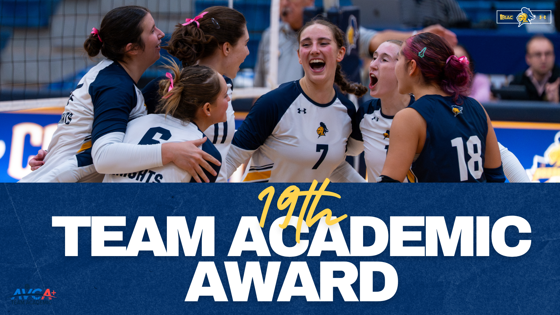 volleyball team celebrates; text reads, 