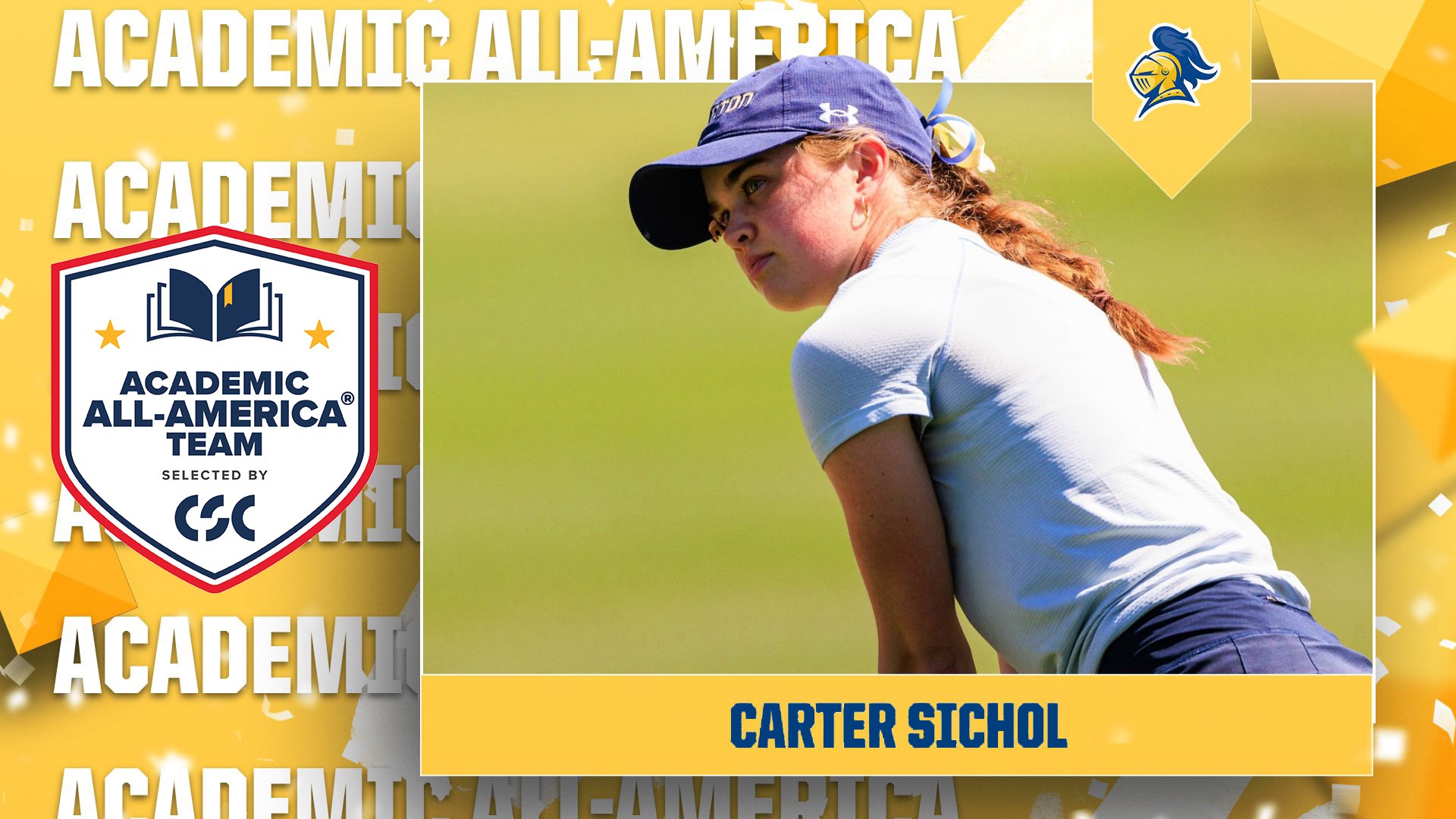 Graphic depicting Carter Sichol as Academic All America, including CSC Academic All America logo