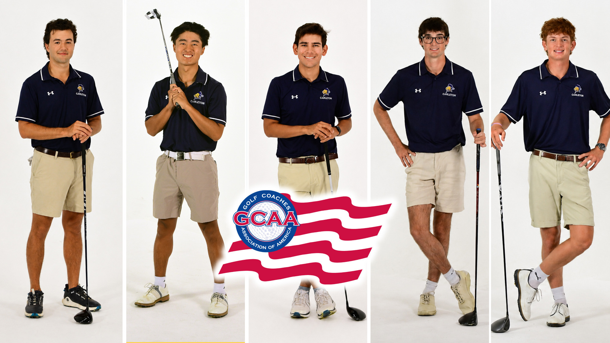Gordon Walker, Sam Higaki, Justin Rodriguez, Gareth Birney, and Dillon Croco standing holding golf clubs