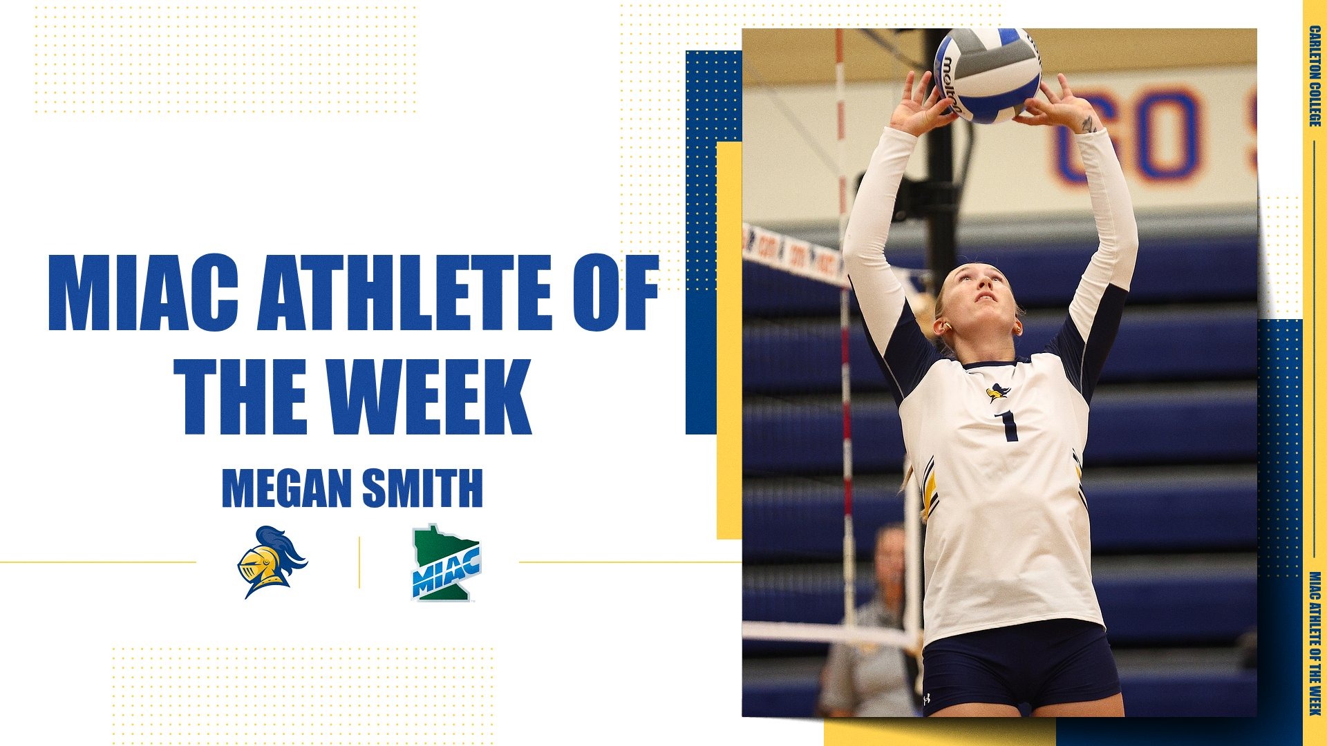 Megan Smith sets a volleyball in a graphic recognizing her MIAC Specialty Player of the Week award