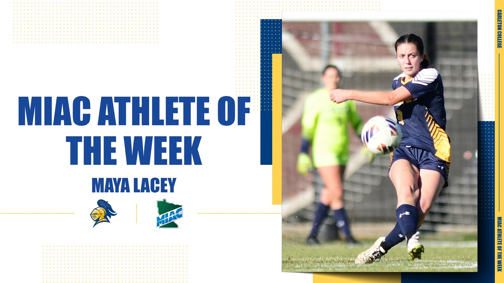 Maya Lacey clears the ball in a MIAC Athlete of the Week graphic