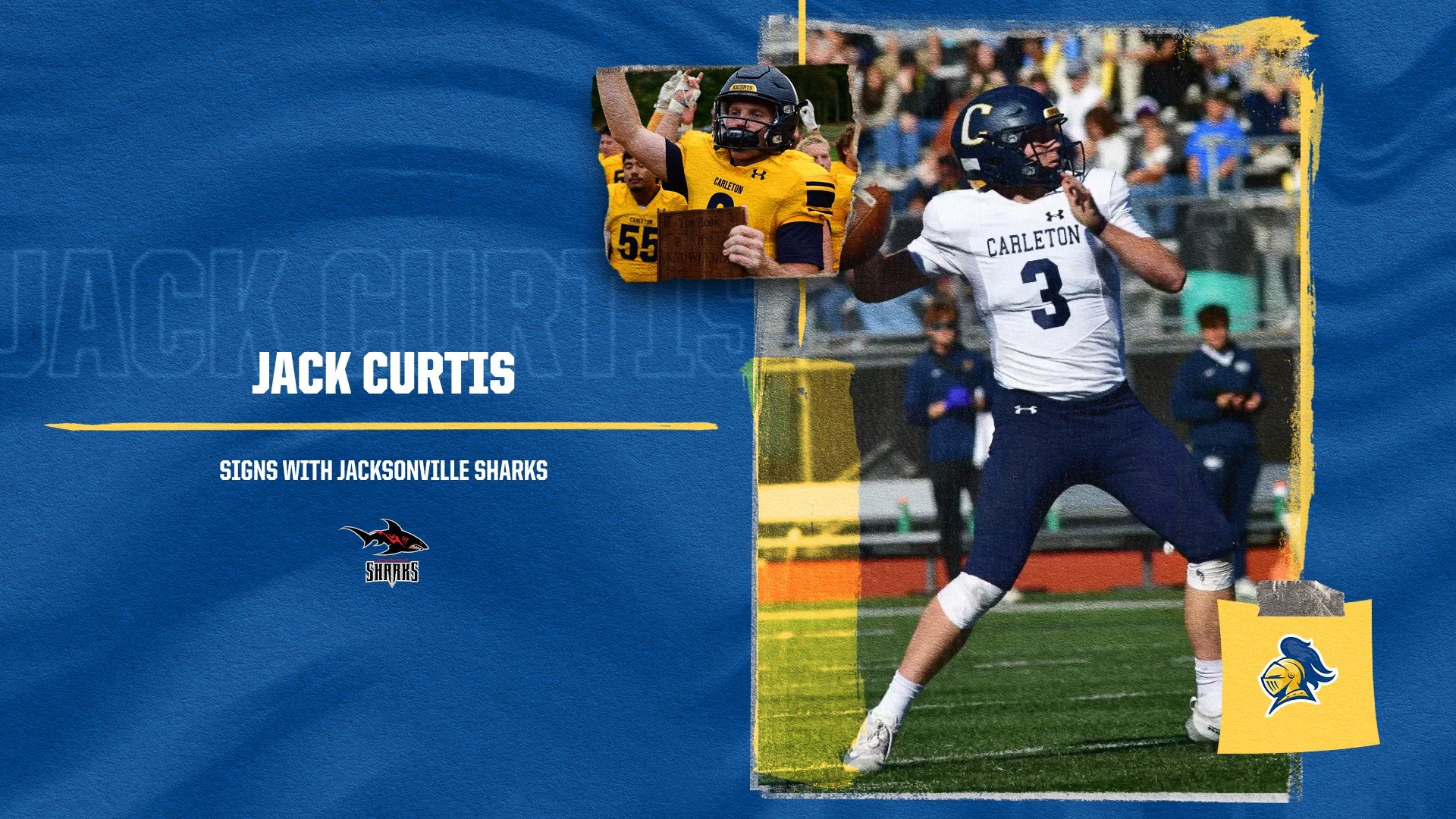 Jack Curtis is pictured throwing a pass on a graphic announcing his signing with Jacksonville