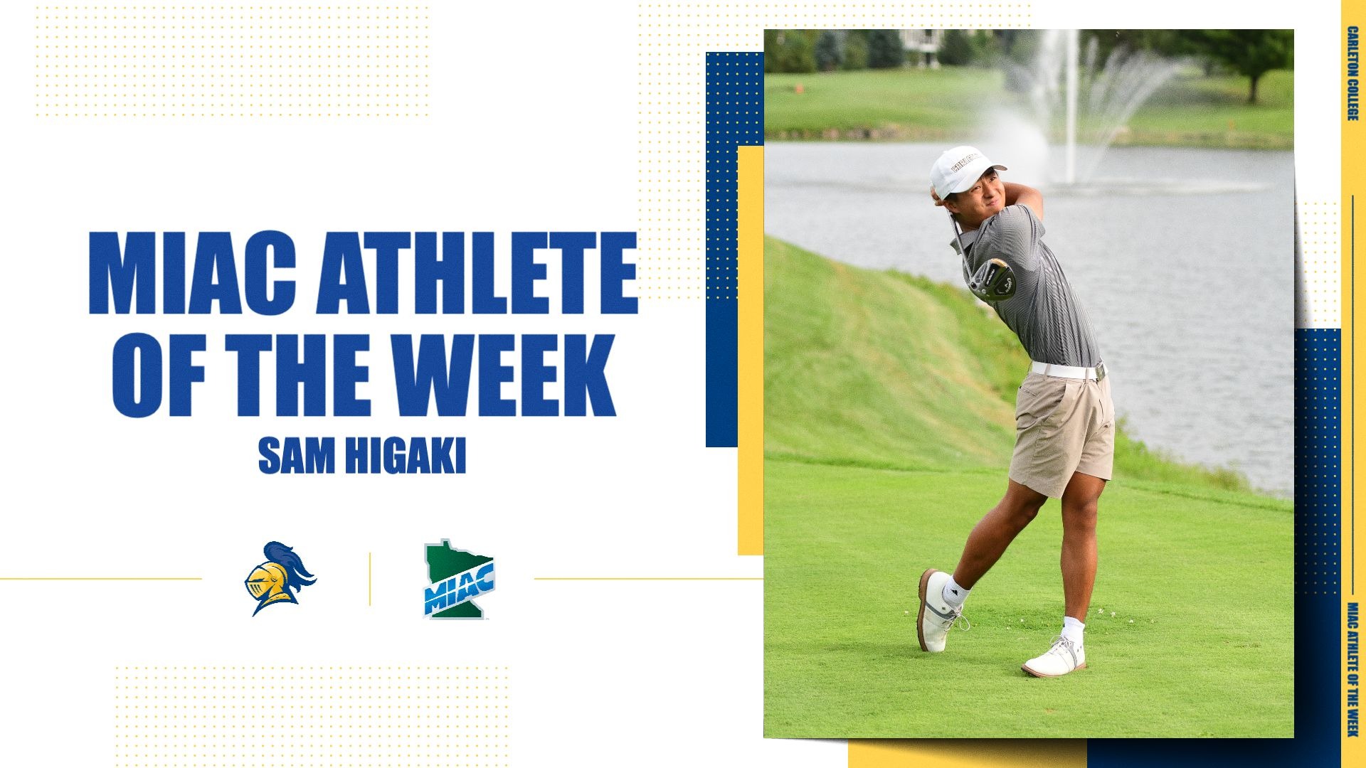 Sam Higaki follows his drive on a graphic displaying him as Athlete of the Week
