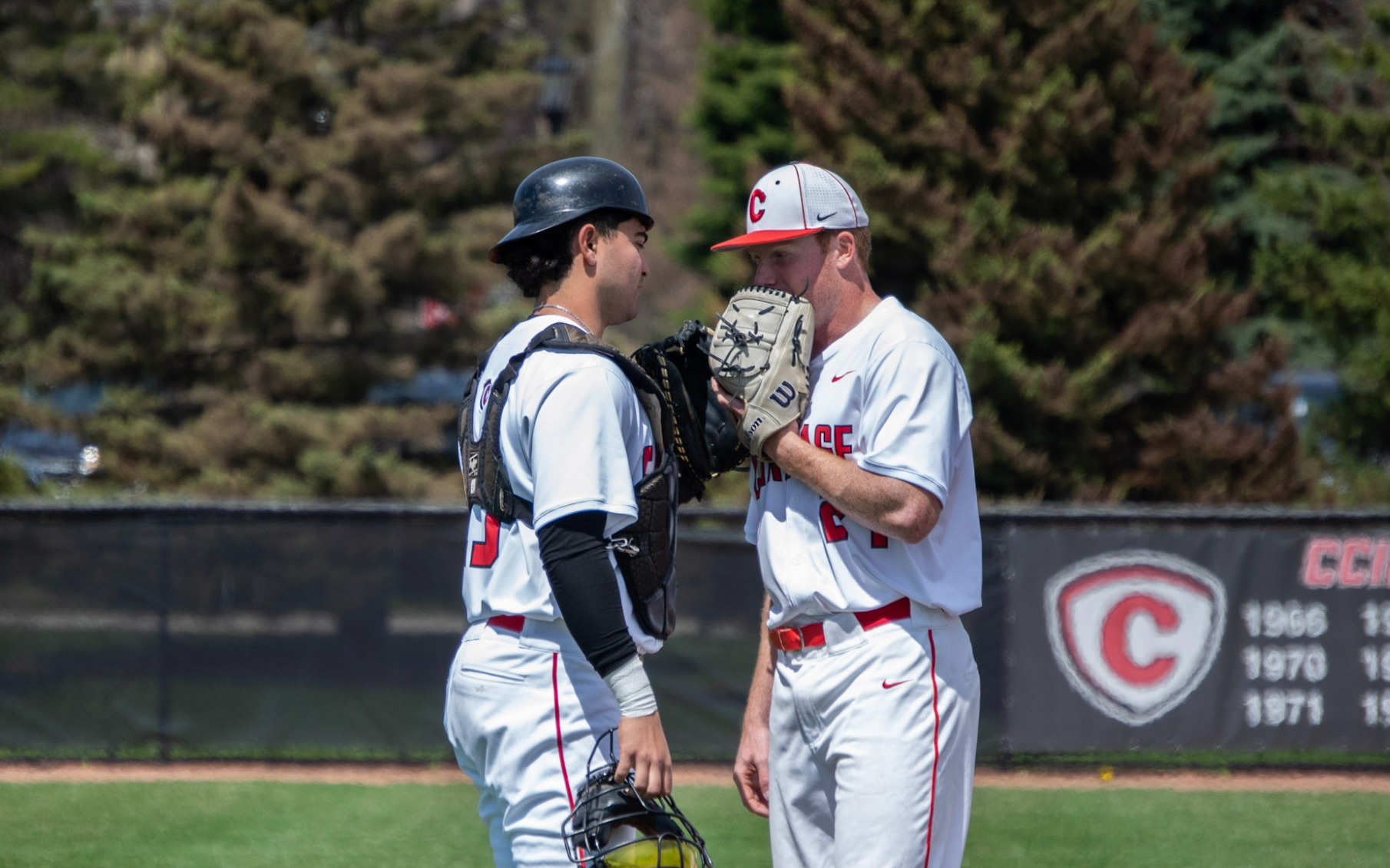 Carthage catcher and pitcher have a chat on the mound