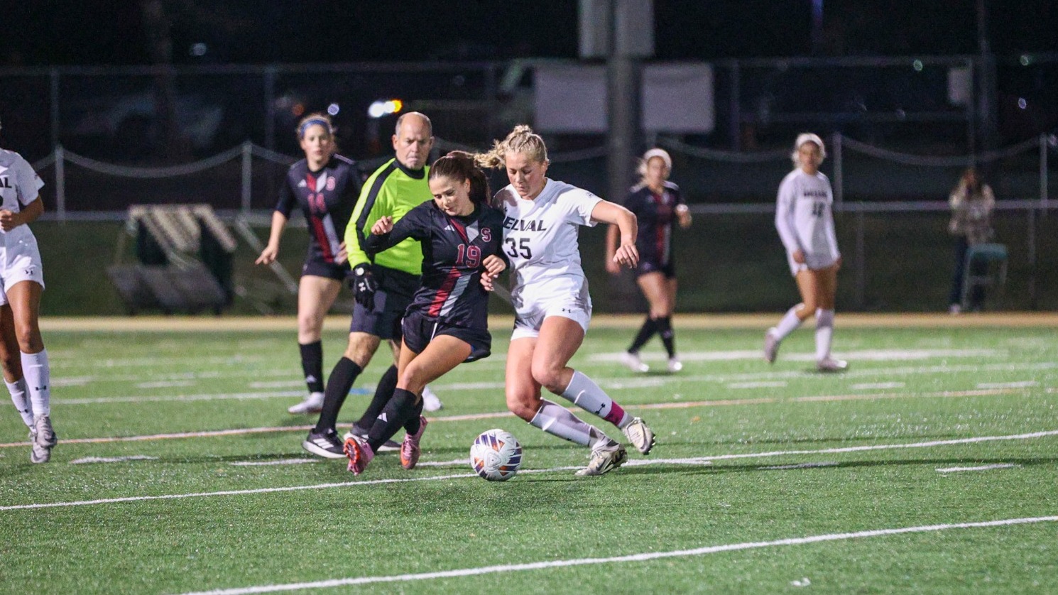 Erin Shuey playing soccer against Stevens IT