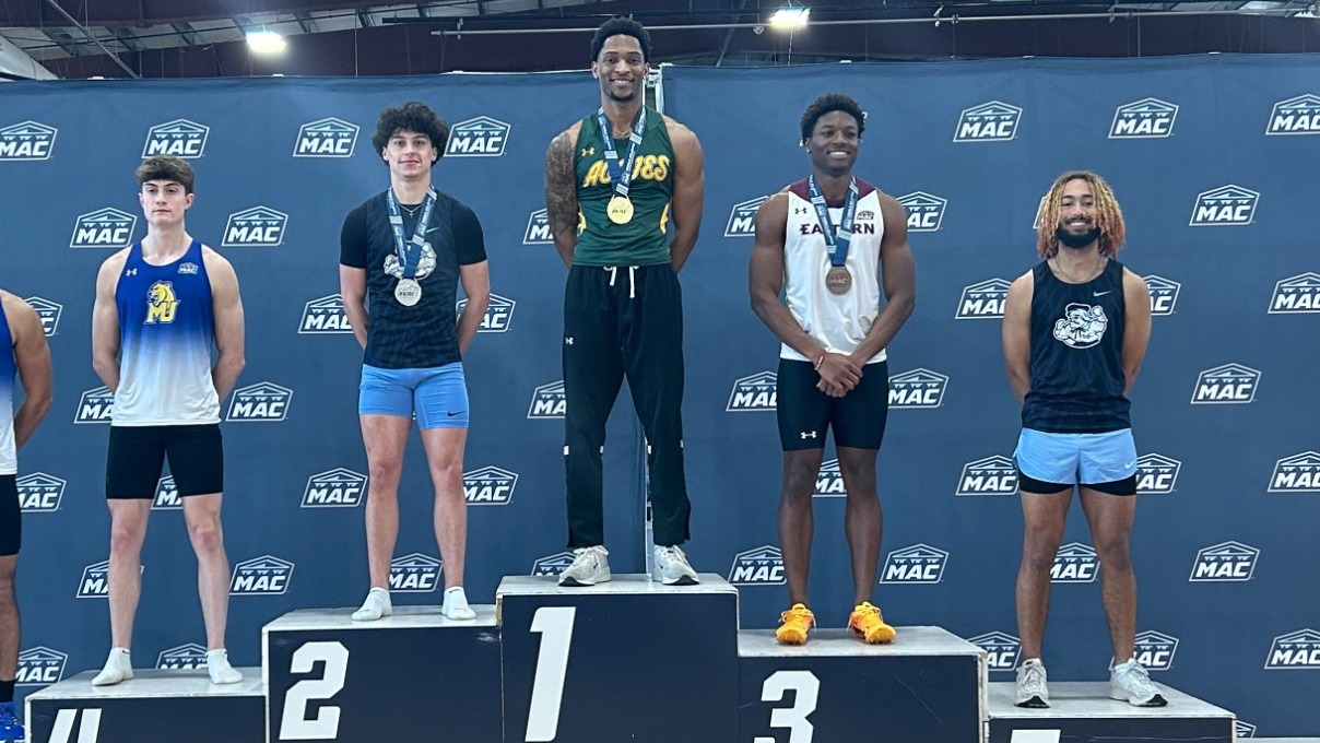 Victor Cruz posing for first place at MAC Indoor Champs 