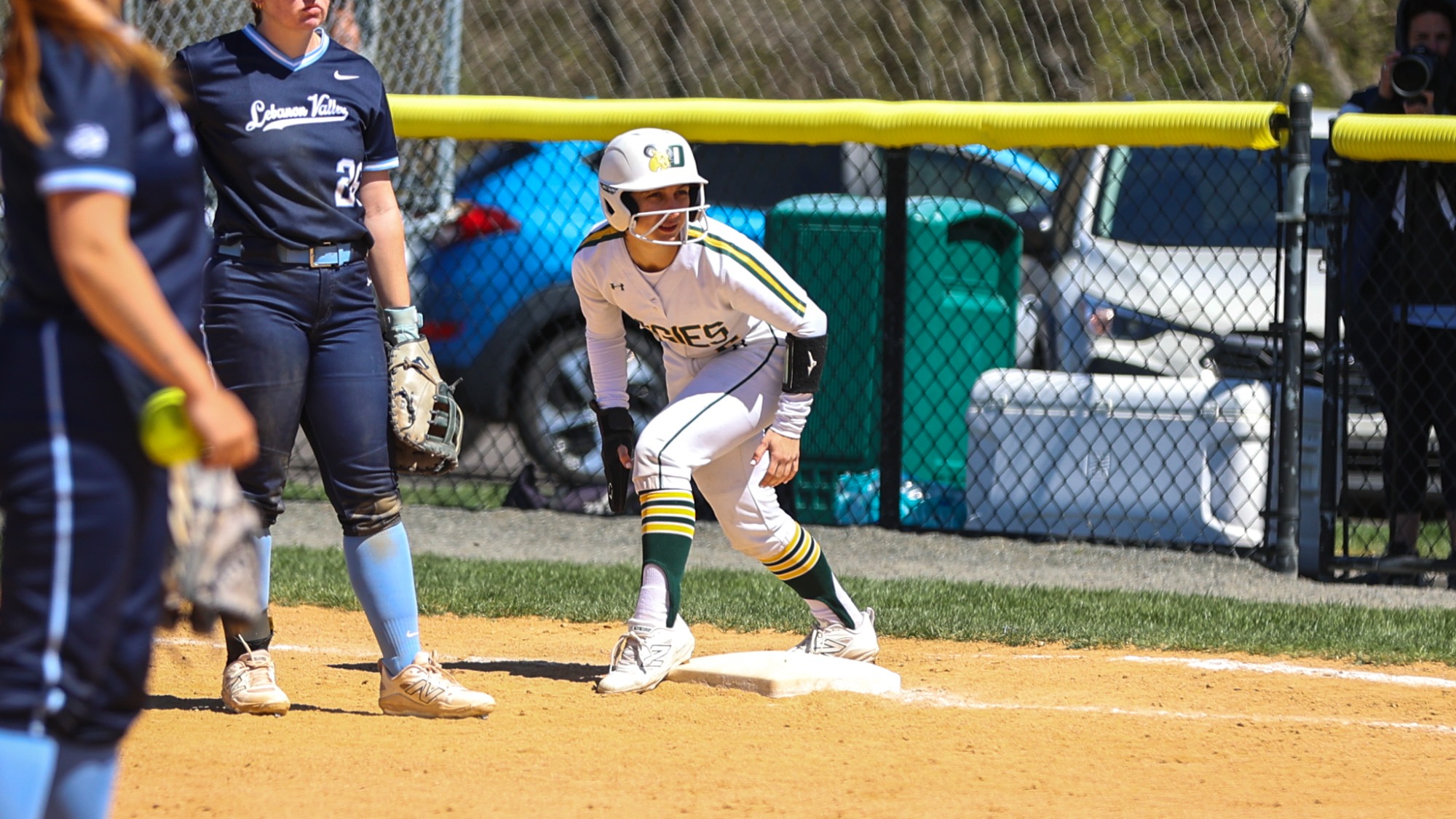 Taylor Mazzoni playing softball against Lebanon Valley