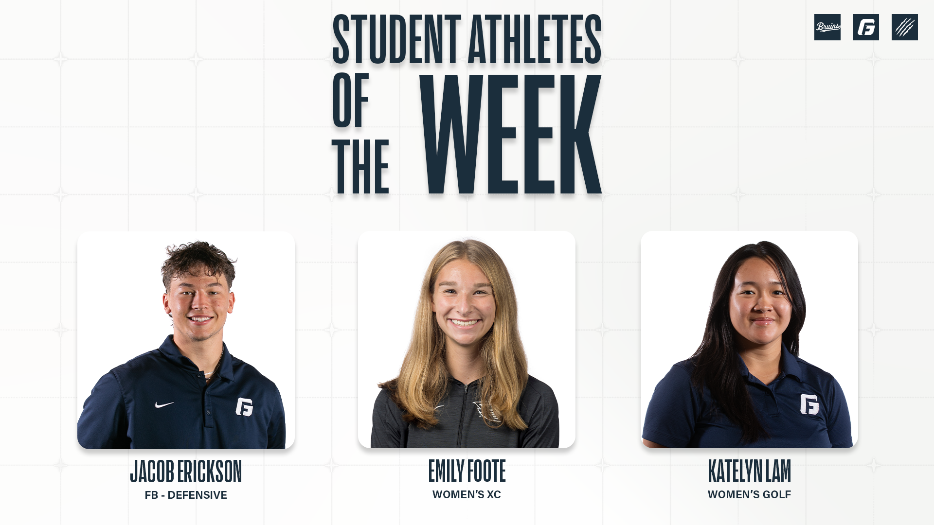 Graphic showing three Bruins having won three Student Athlete of the Week awards.