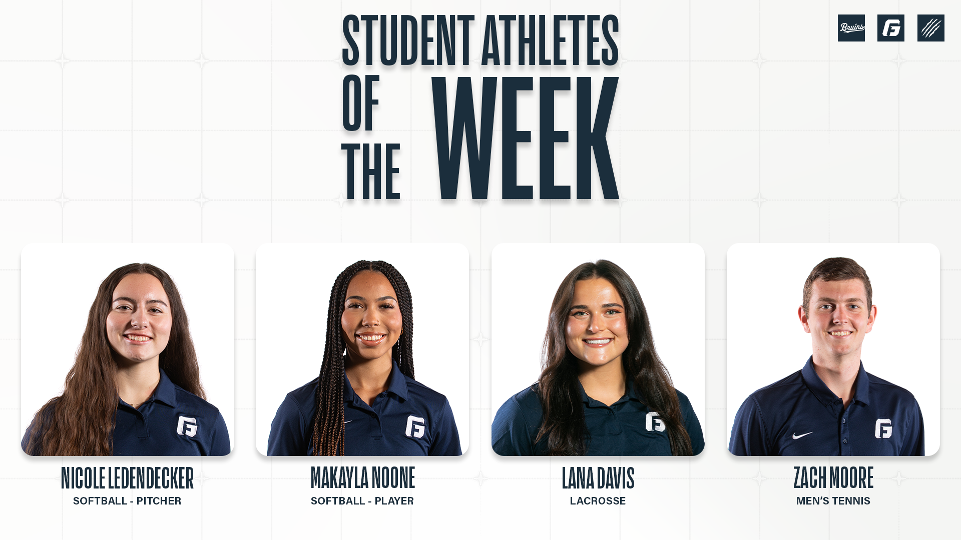 Student-Athlete of the Week Graphic for Zach Moore, Makayla Noone, Nicole Ledendecker Lana Davis