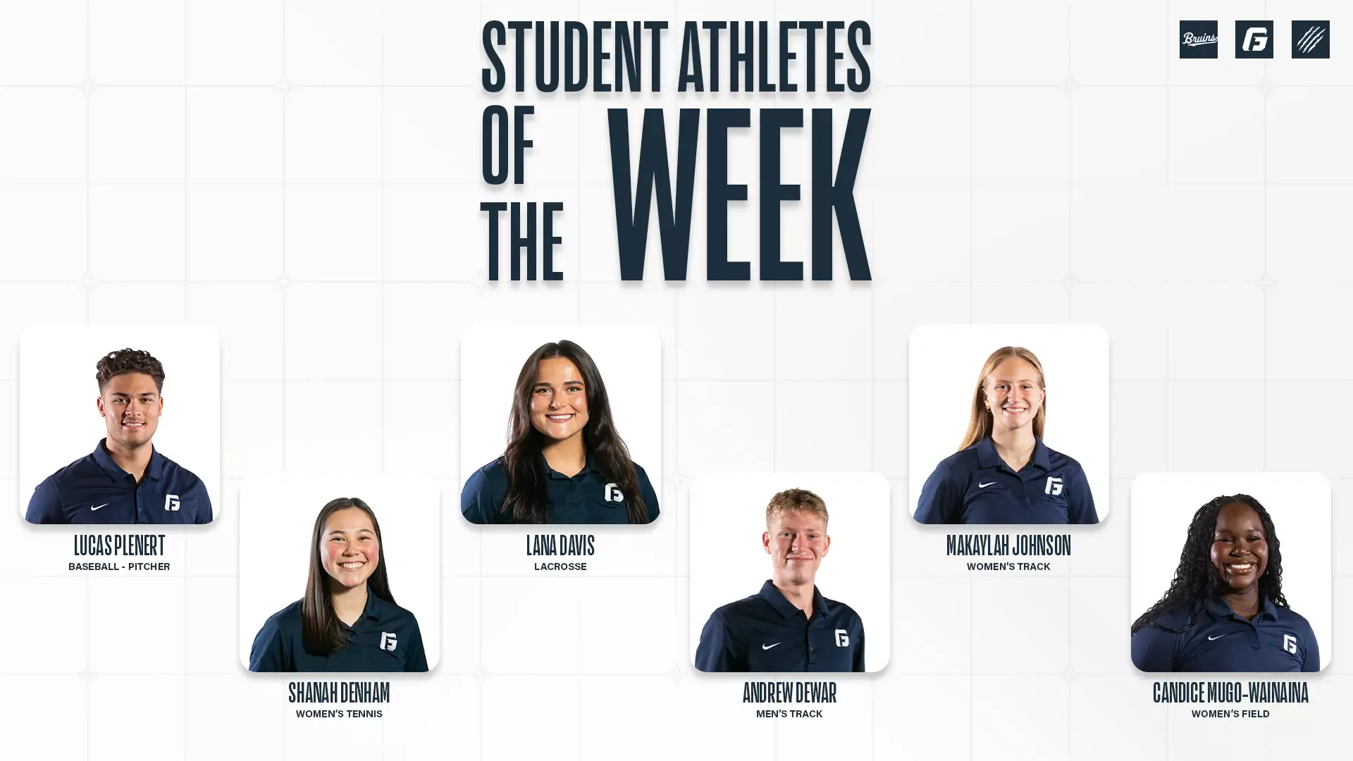 Northwest Conference Student-Athlete of the Week award graphic for Shanah Denham, Lana Davis, Andrew Dewar, Makaylah Johnson, Candice Mugo-Wainaina and Lucas Plenert 