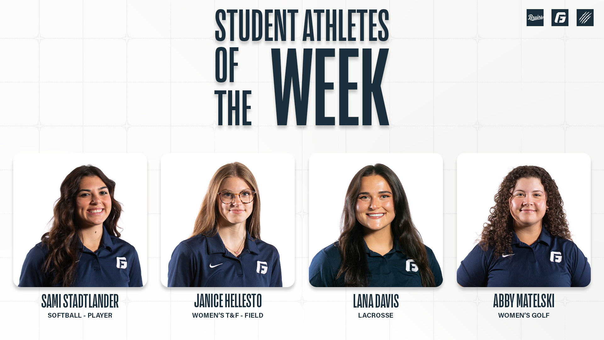 Student-athlete of the week graphic for Sami Stadtlander, Lana Davis, Janice Hellesto and Abby Matelski