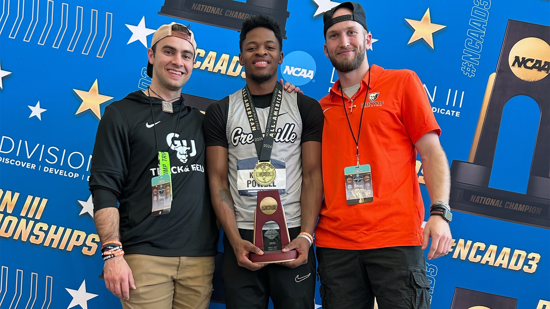Keenan Powell with Coach Jung and Stoll holding 3rd place, all-american trophy