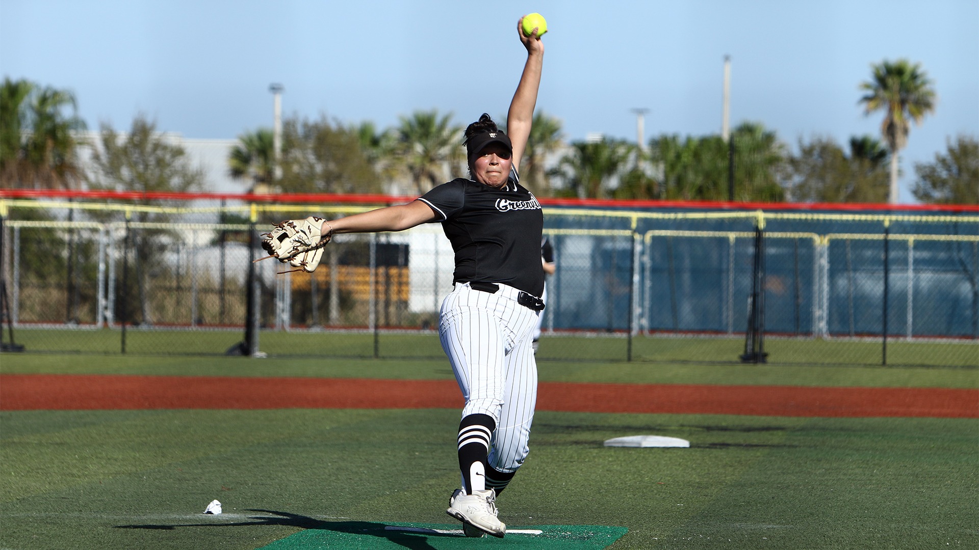sarah salas in black jersey pitching ball