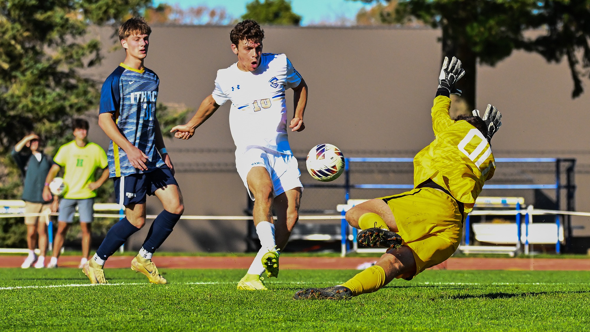 Patrick Ferrare smashes a shot from close range in a soccer match against Ithaca in September 2025 