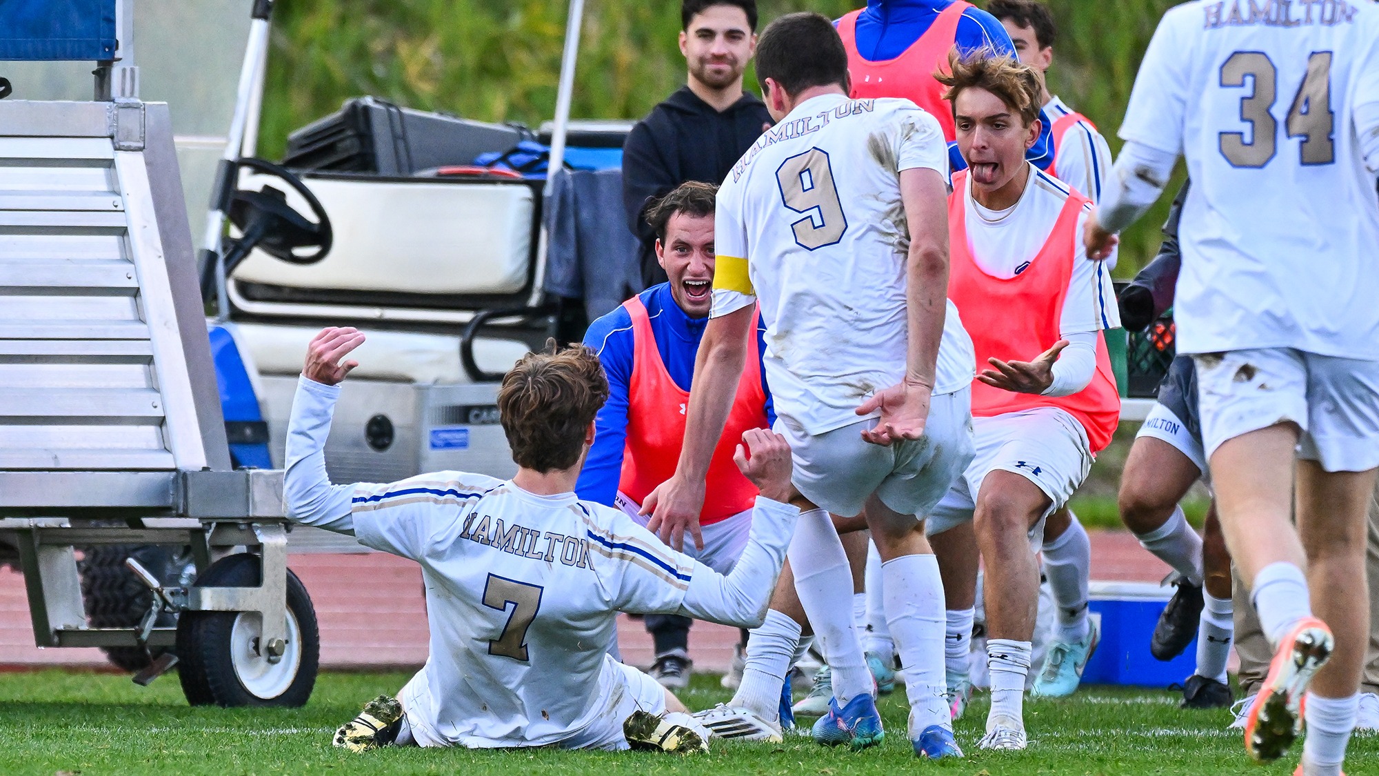 Men's Soccer players celebrate a goal late in the second half against Trinity in October 2025