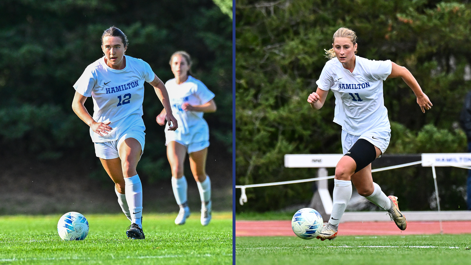 Action photos of two players on the 2025 All-NESCAC Women's Socccer team
