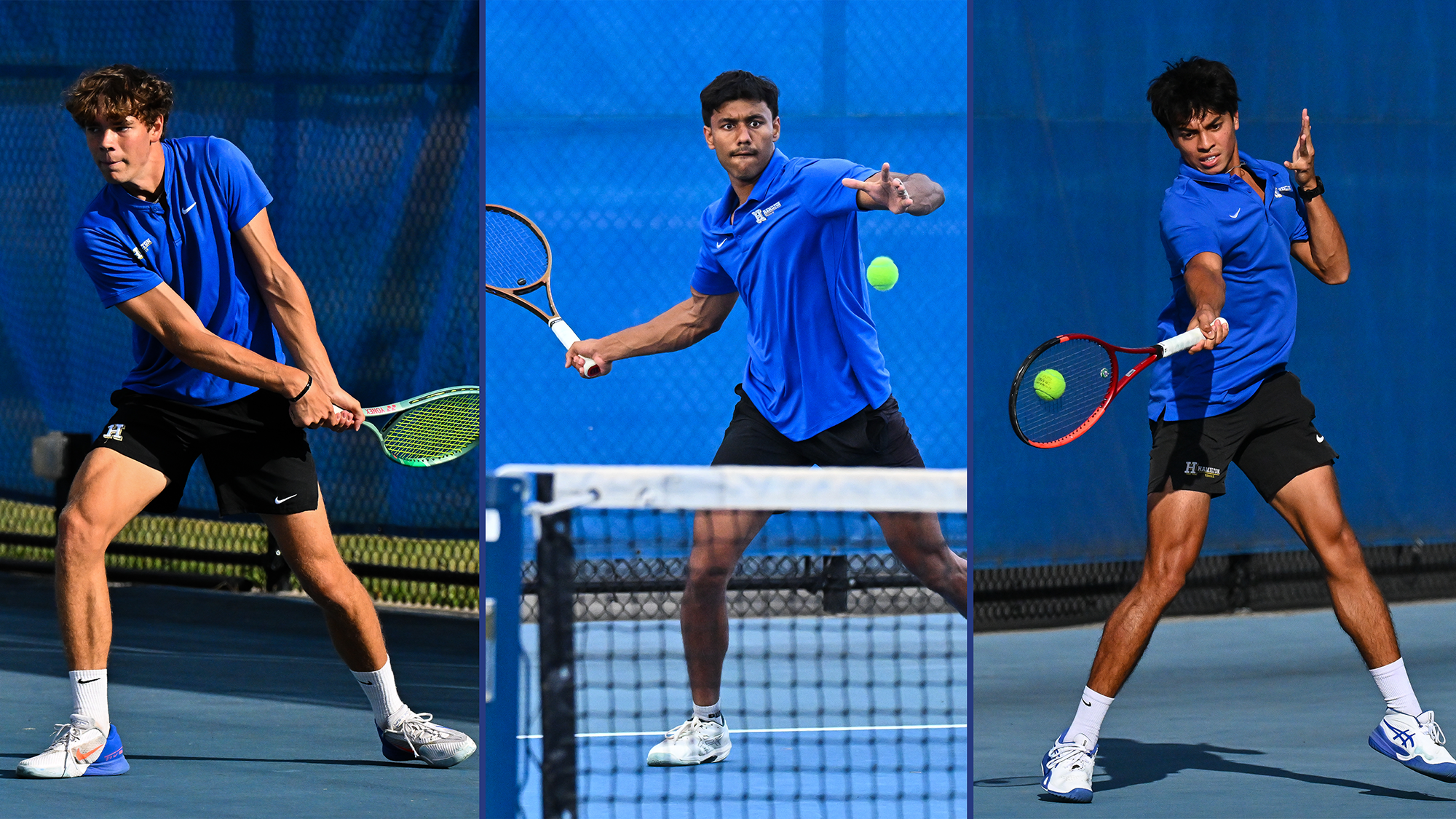 Action photos of three Men's Tennis players in the first 2025-26 ITA Division III national rankings for singles and doubles