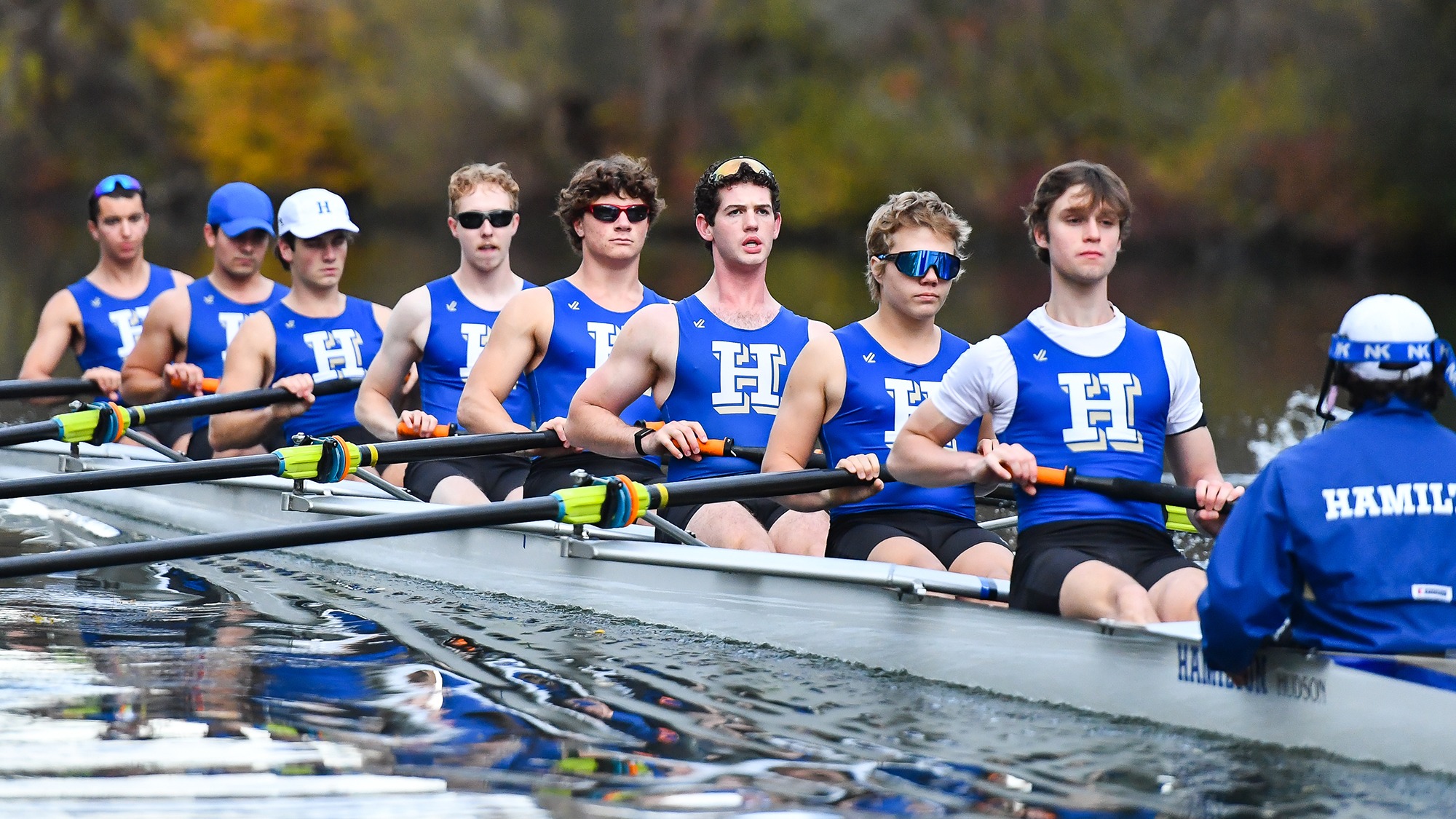 Members of the Men's Rowing team practice on the Erie Canal in October 2025